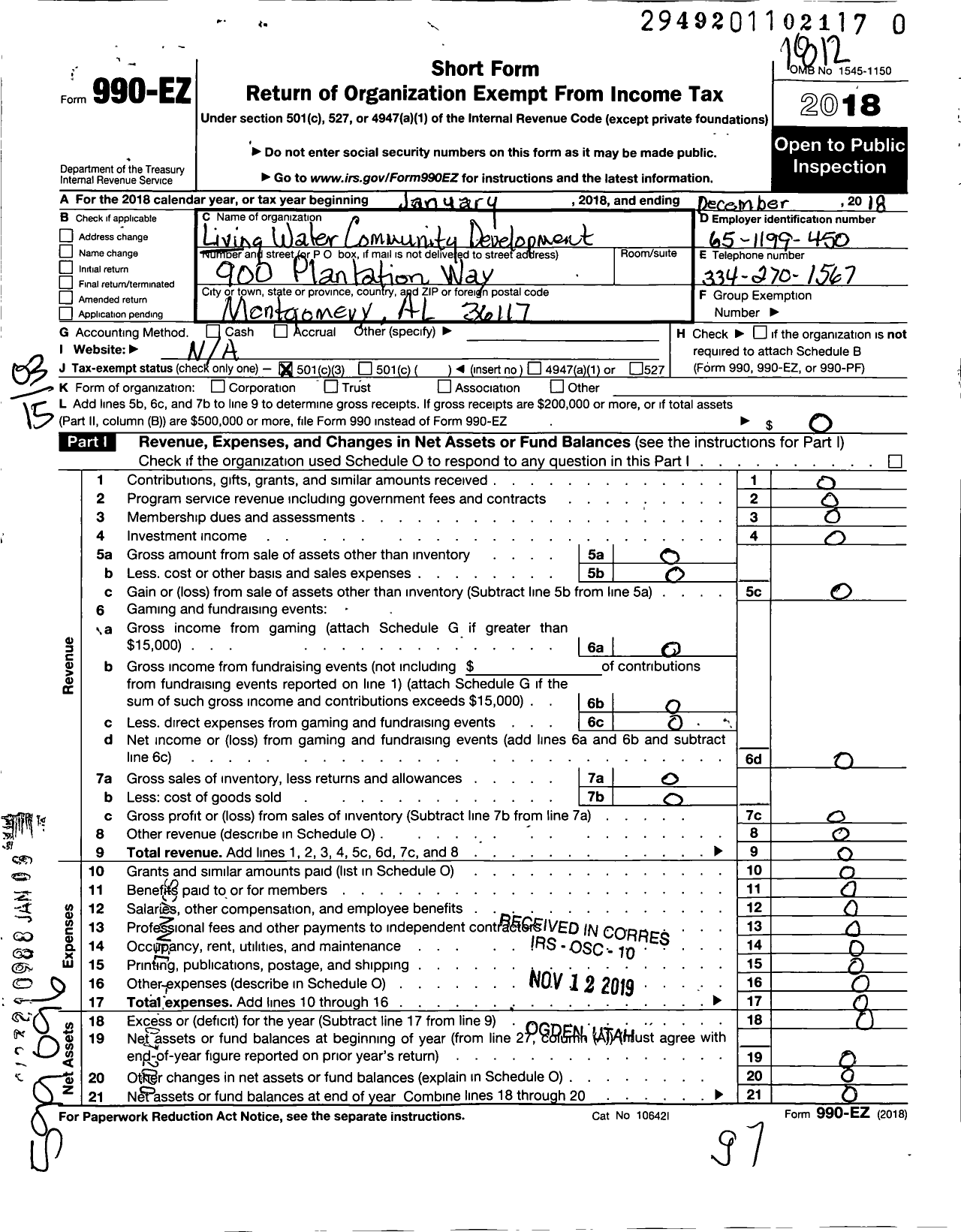 Image of first page of 2018 Form 990EZ for Living Waters Community Development