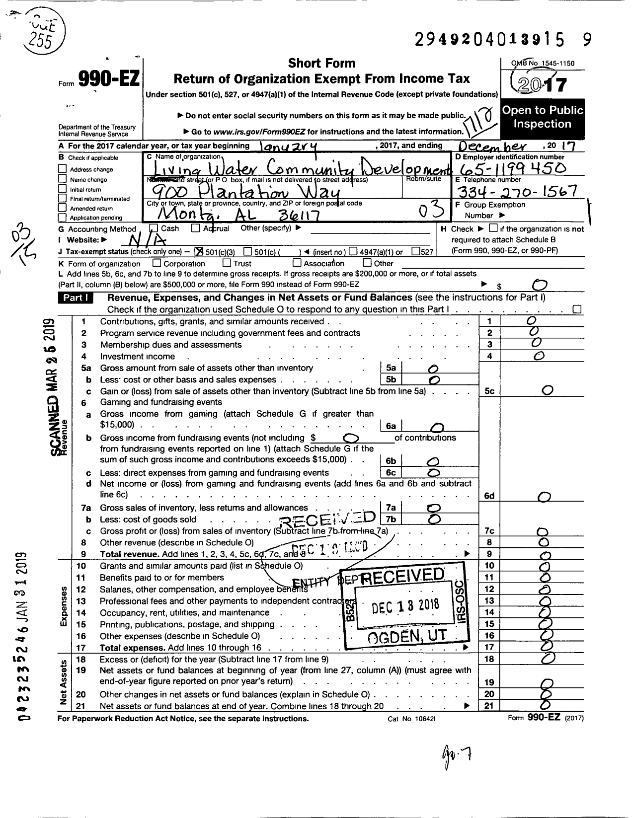 Image of first page of 2017 Form 990EZ for Living Waters Community Development