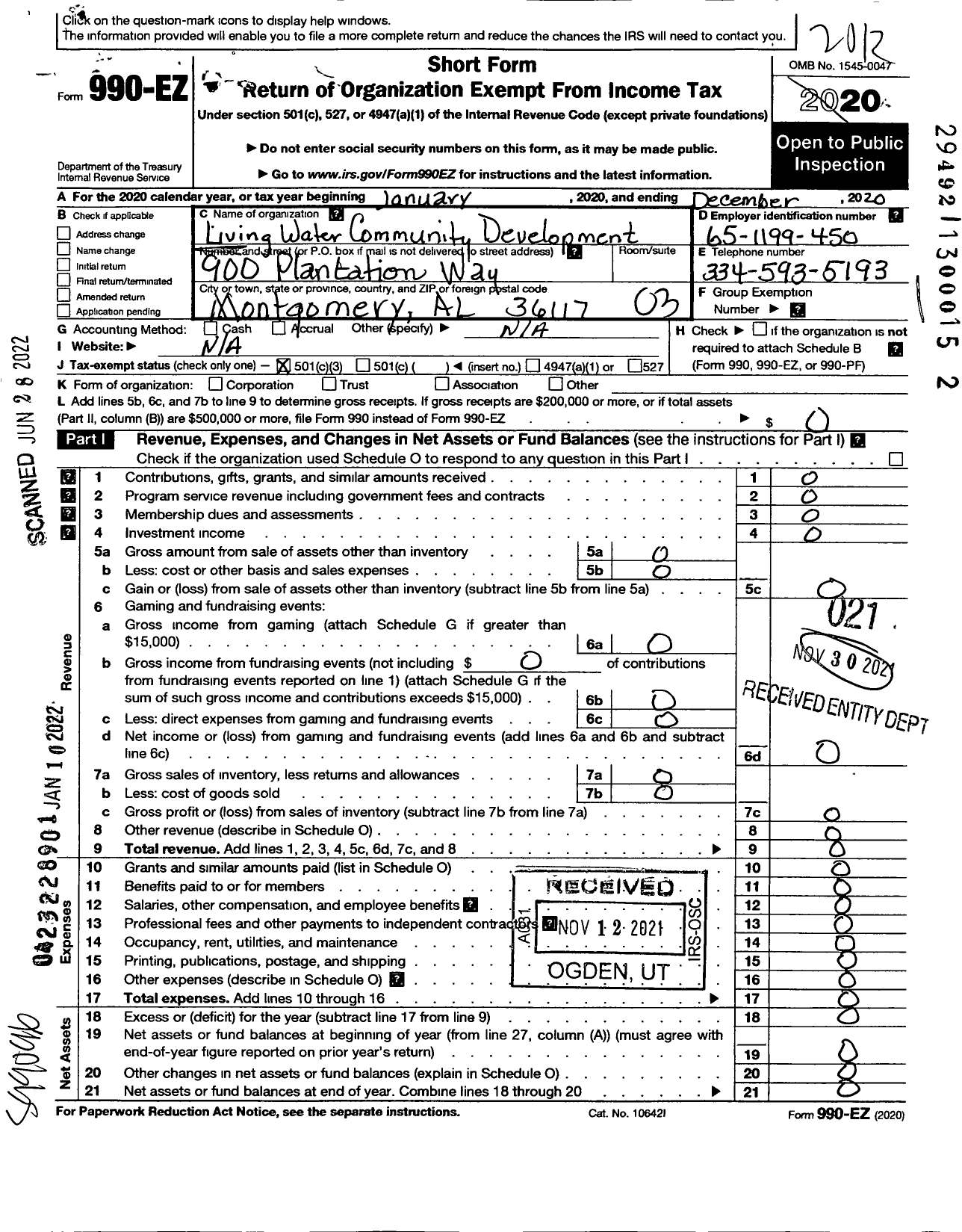 Image of first page of 2020 Form 990EZ for Living Waters Community Development