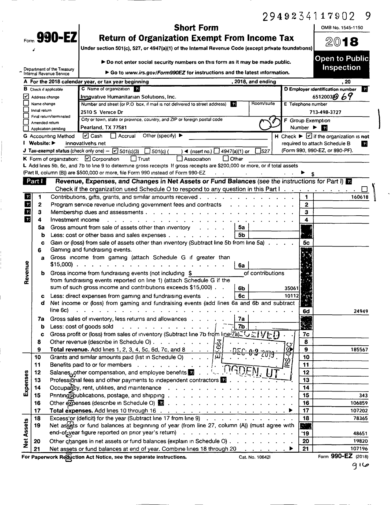 Image of first page of 2018 Form 990EZ for Innovative Humanitarian Solutions