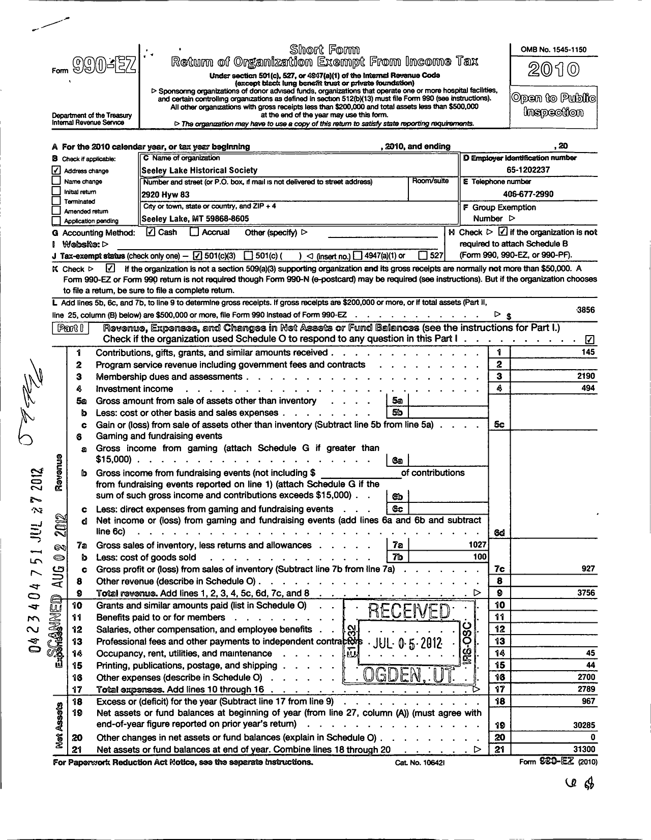 Image of first page of 2010 Form 990EZ for Seeley Lake Historical Society