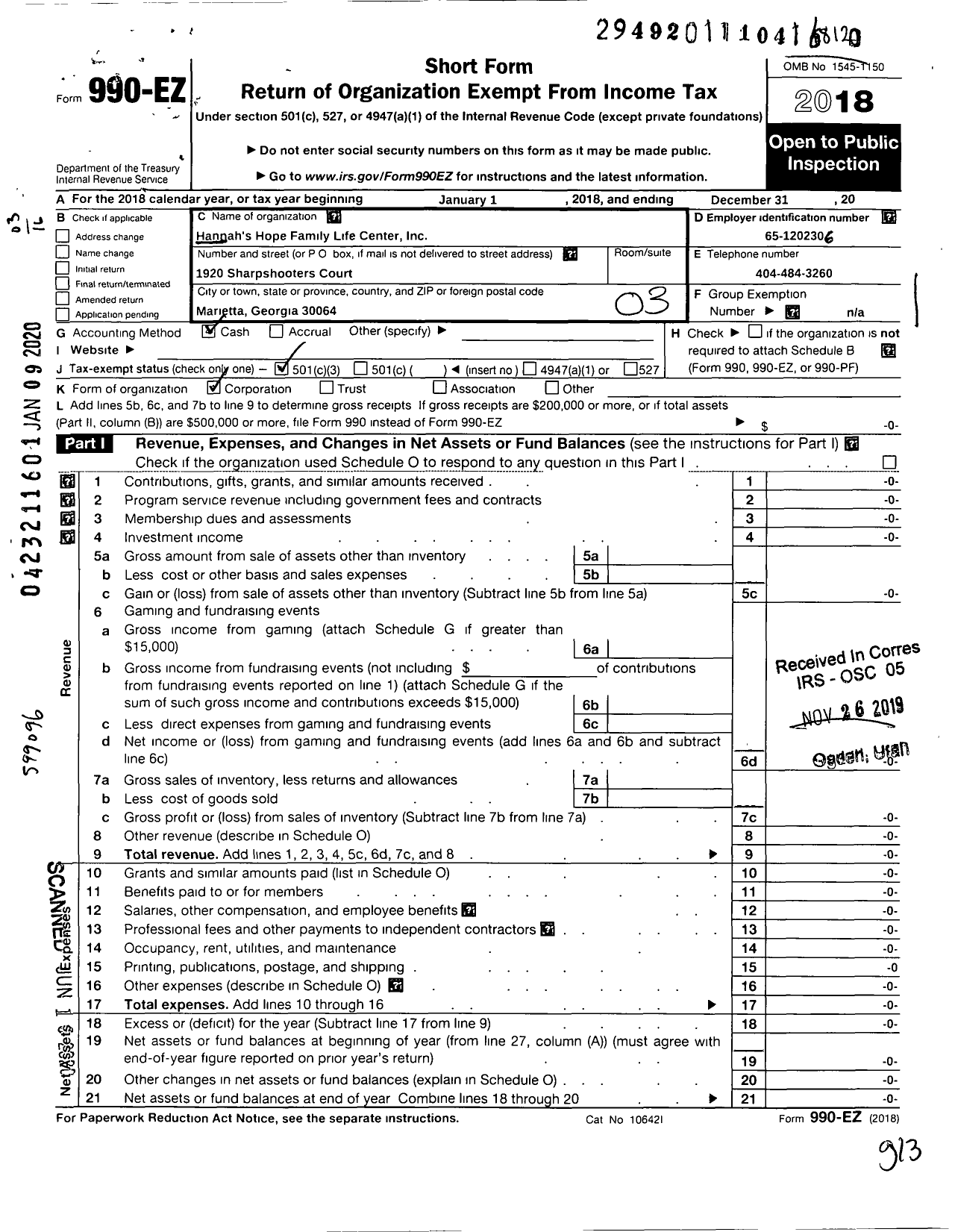 Image of first page of 2018 Form 990EZ for Hannahs Hope Family Life Center