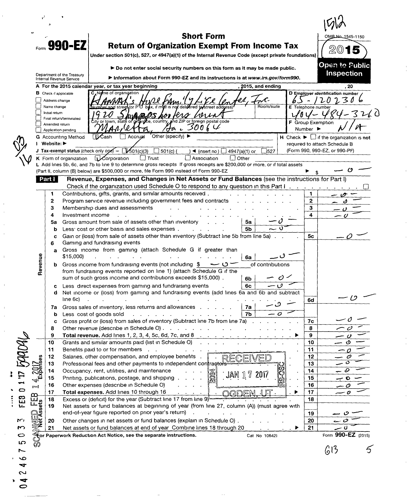 Image of first page of 2015 Form 990EZ for Hannahs Hope Family Life Center