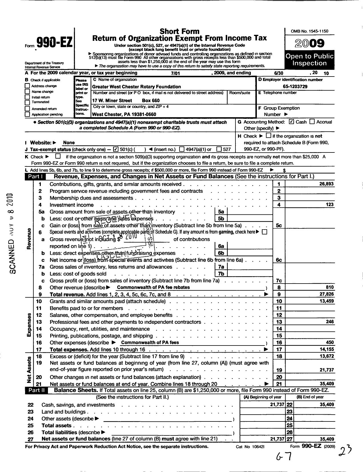 Image of first page of 2009 Form 990EO for Greater West Chester Rotary Foundation