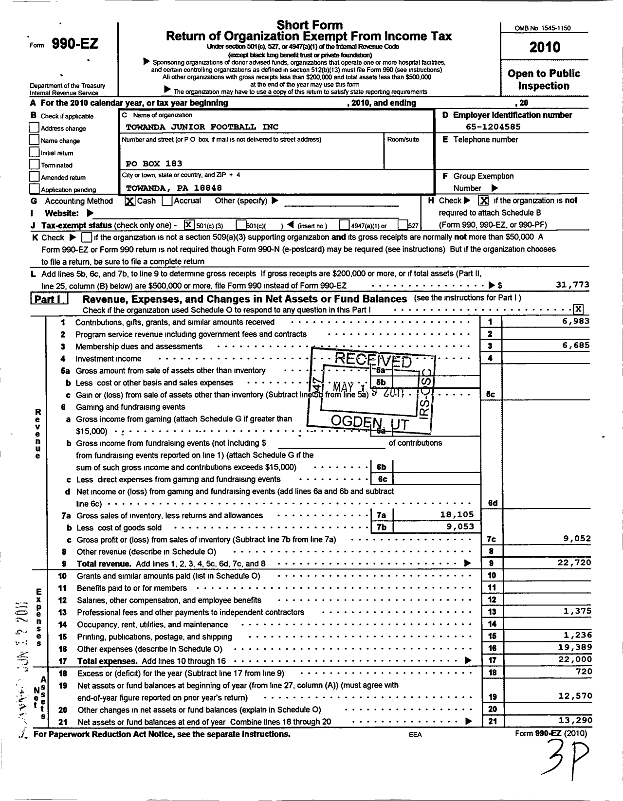 Image of first page of 2010 Form 990EZ for Towanda Junior Football