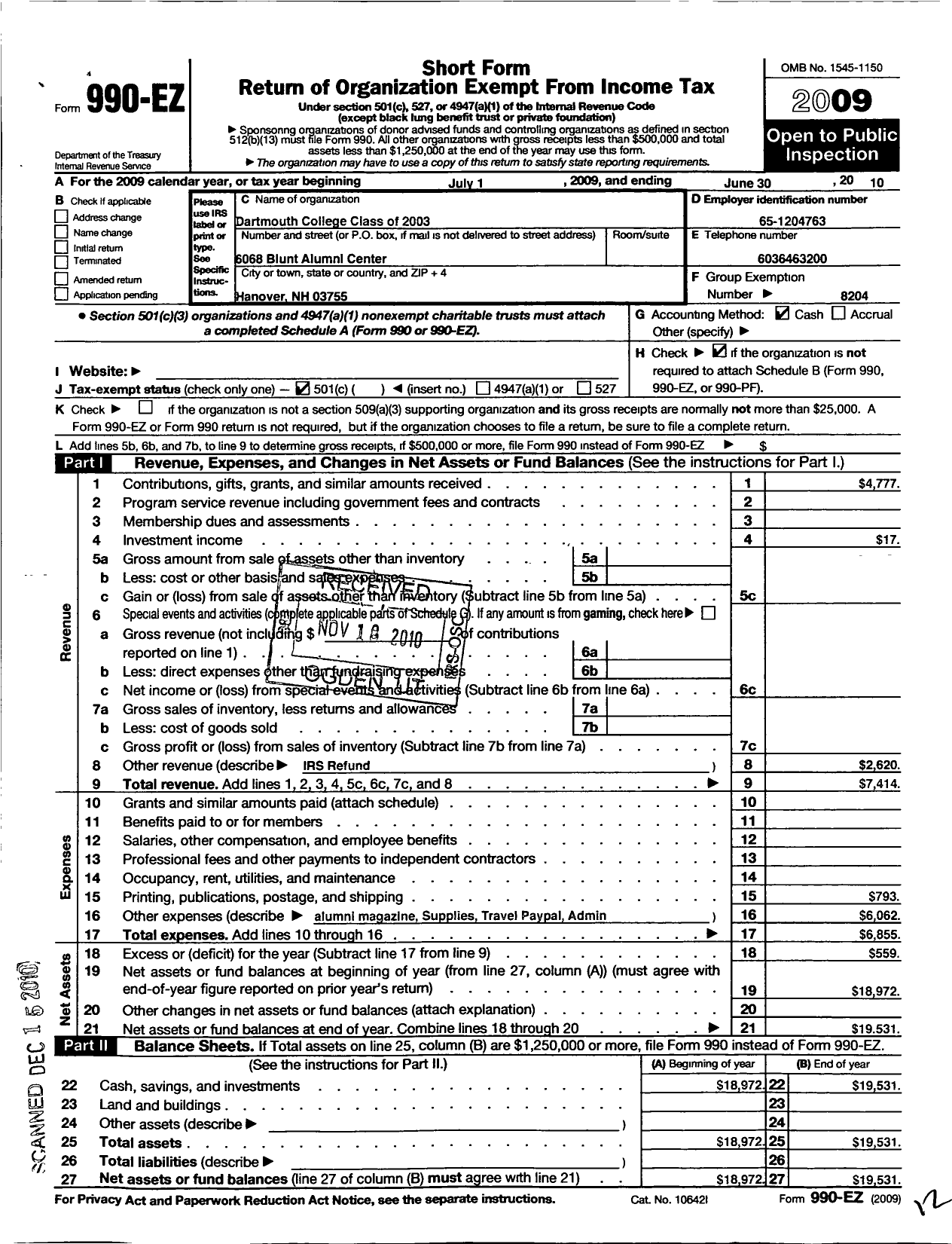 Image of first page of 2009 Form 990EO for Trustees of Darmouth College - 2003 Dartmouth College Class of