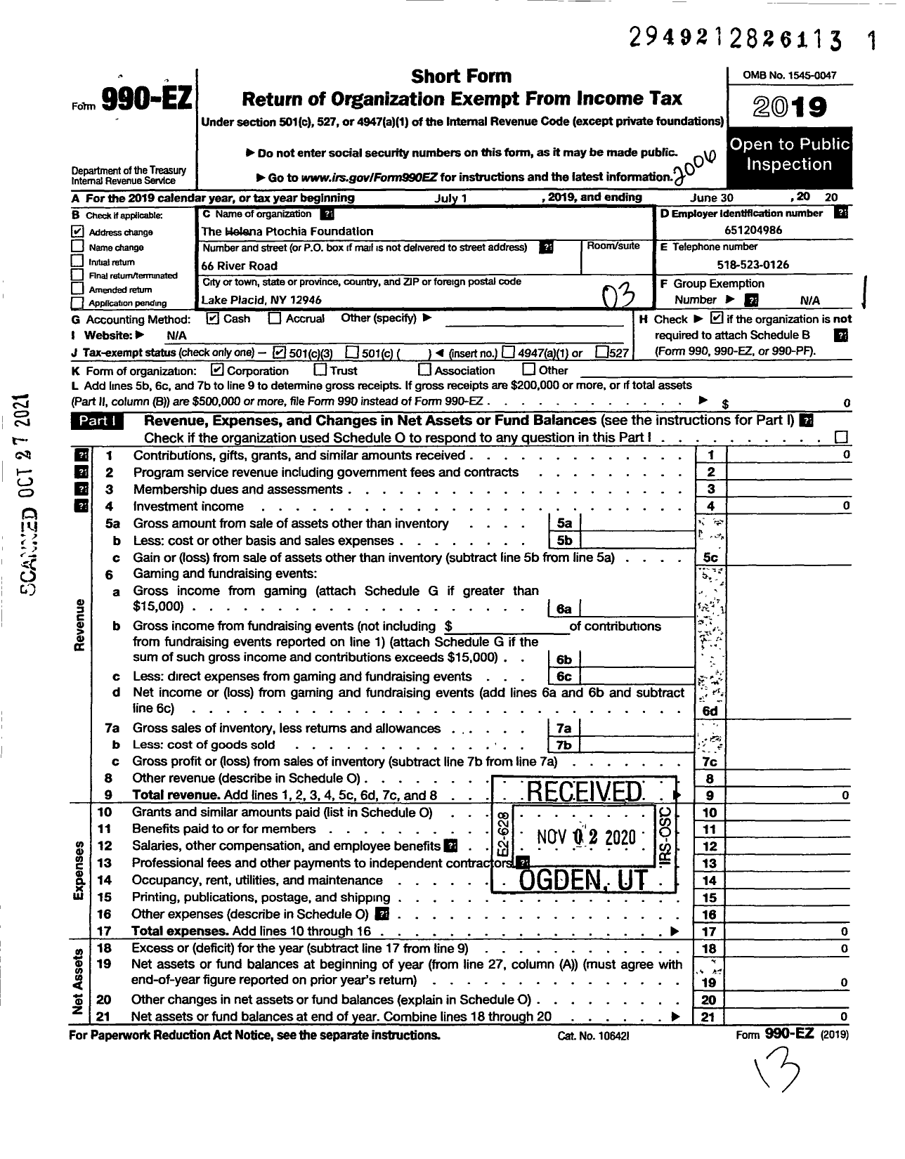 Image of first page of 2019 Form 990EZ for Helena Ptochia Foundation