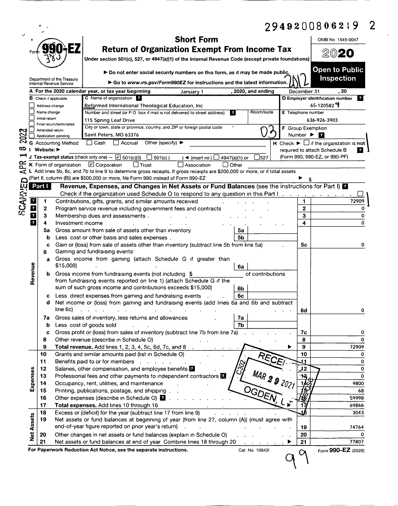 Image of first page of 2020 Form 990EZ for Reformed International Theological Education (RITE)