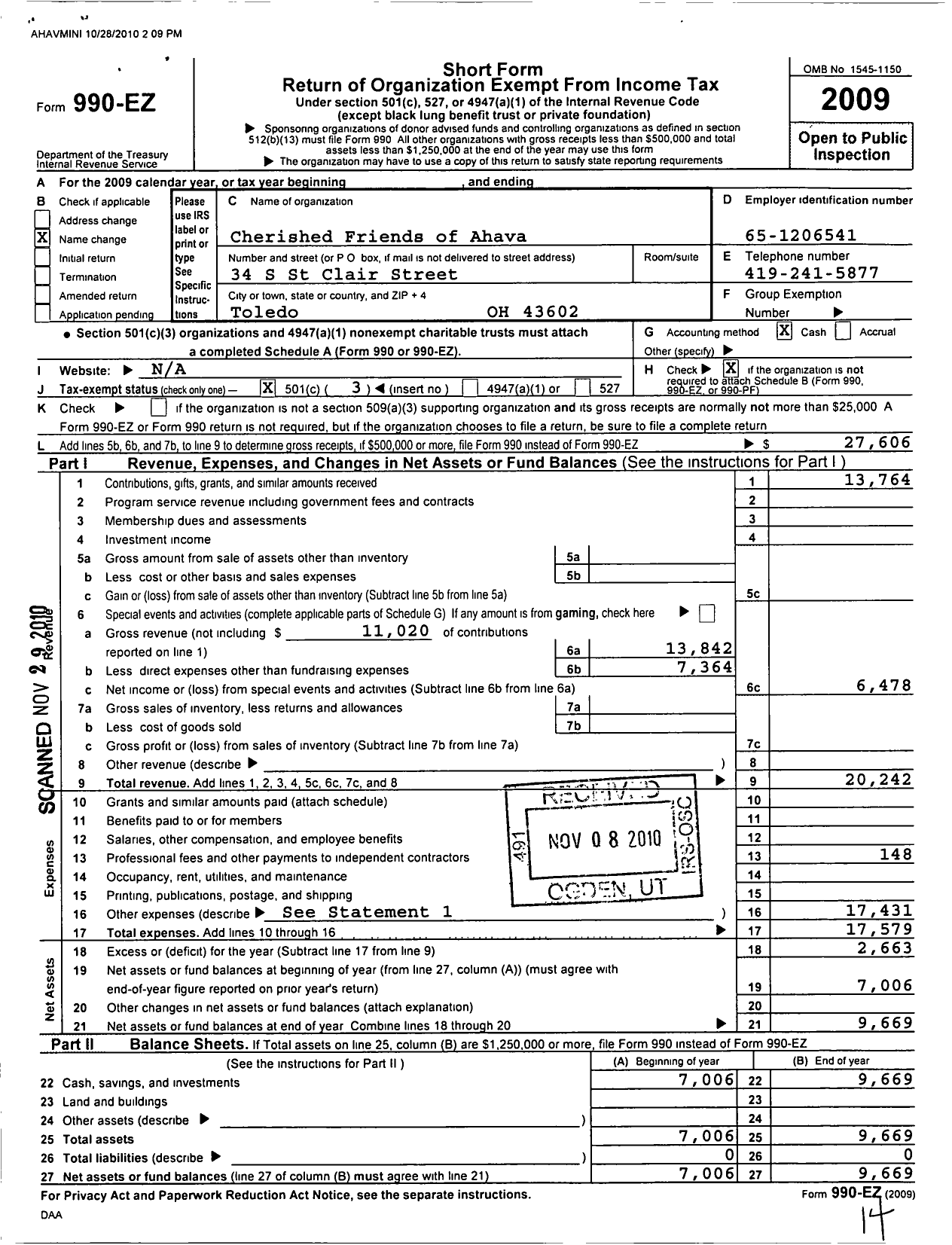 Image of first page of 2009 Form 990EZ for Cherished Friends of Ahava