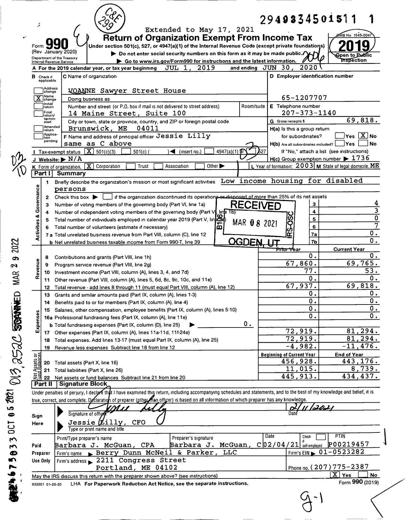 Image of first page of 2019 Form 990 for Volunteers of America - VOANNE Sawyer Street House