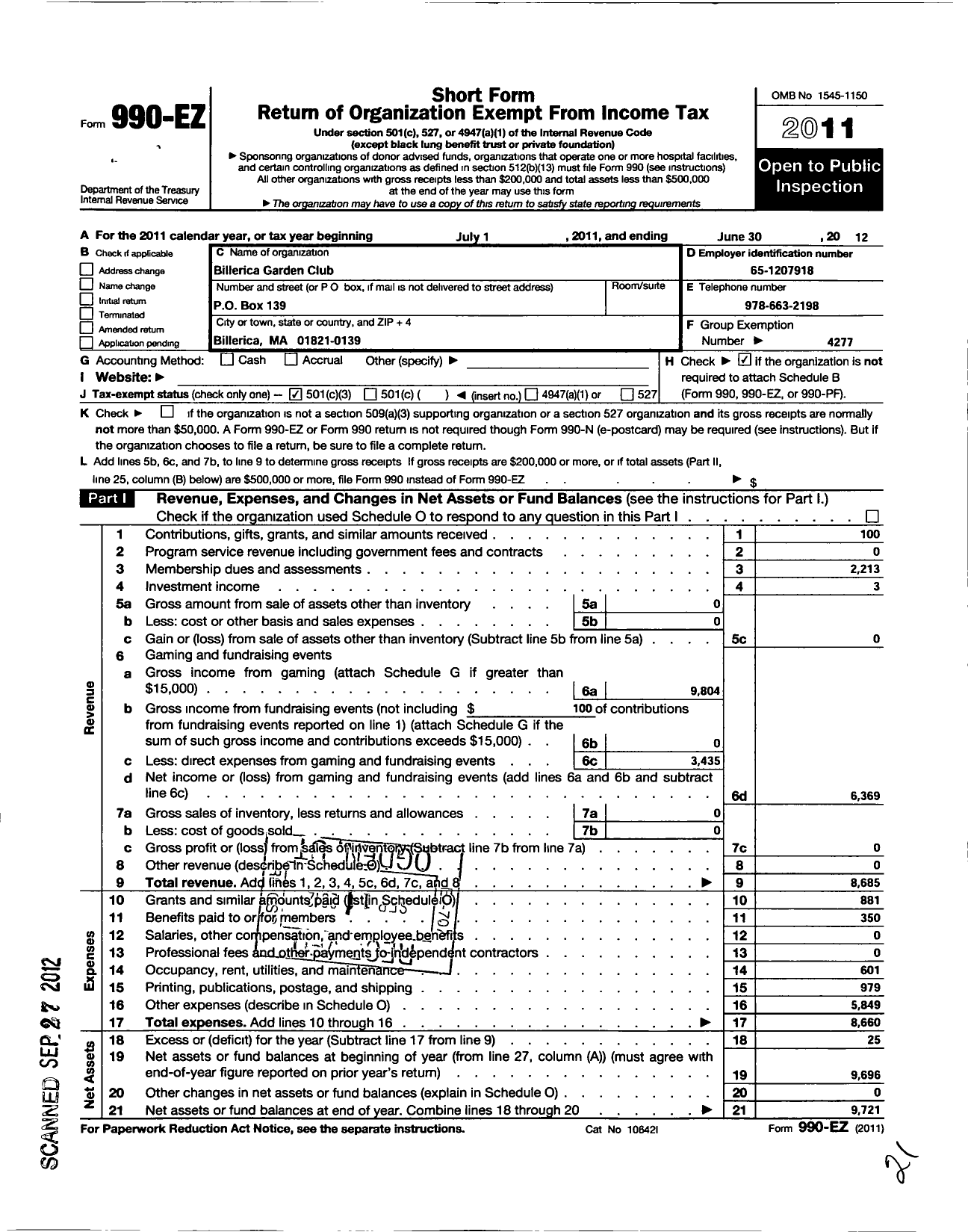 Image of first page of 2011 Form 990EZ for Garden Club Federation of Massachusetts / Billerica Garden Club