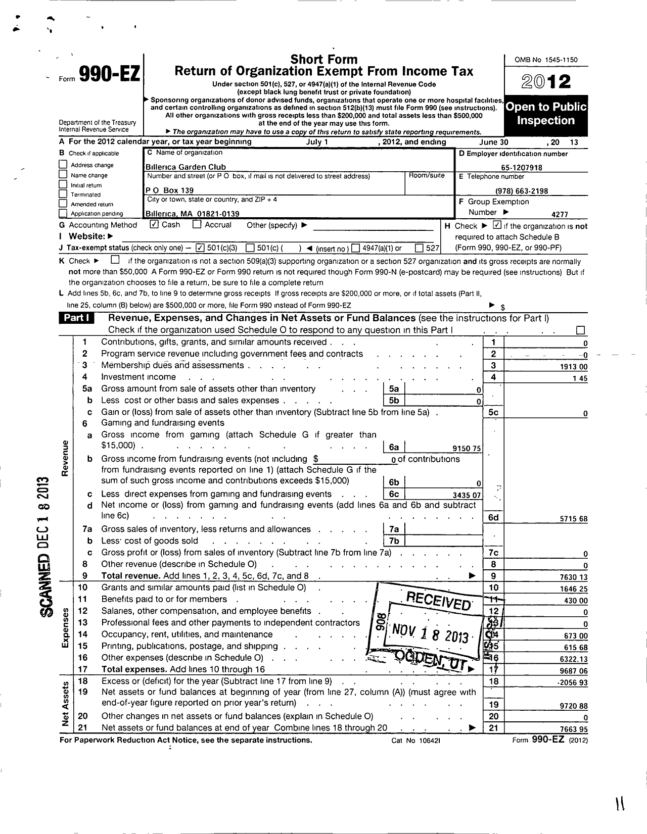 Image of first page of 2012 Form 990EZ for Garden Club Federation of Massachusetts / Billerica Garden Club