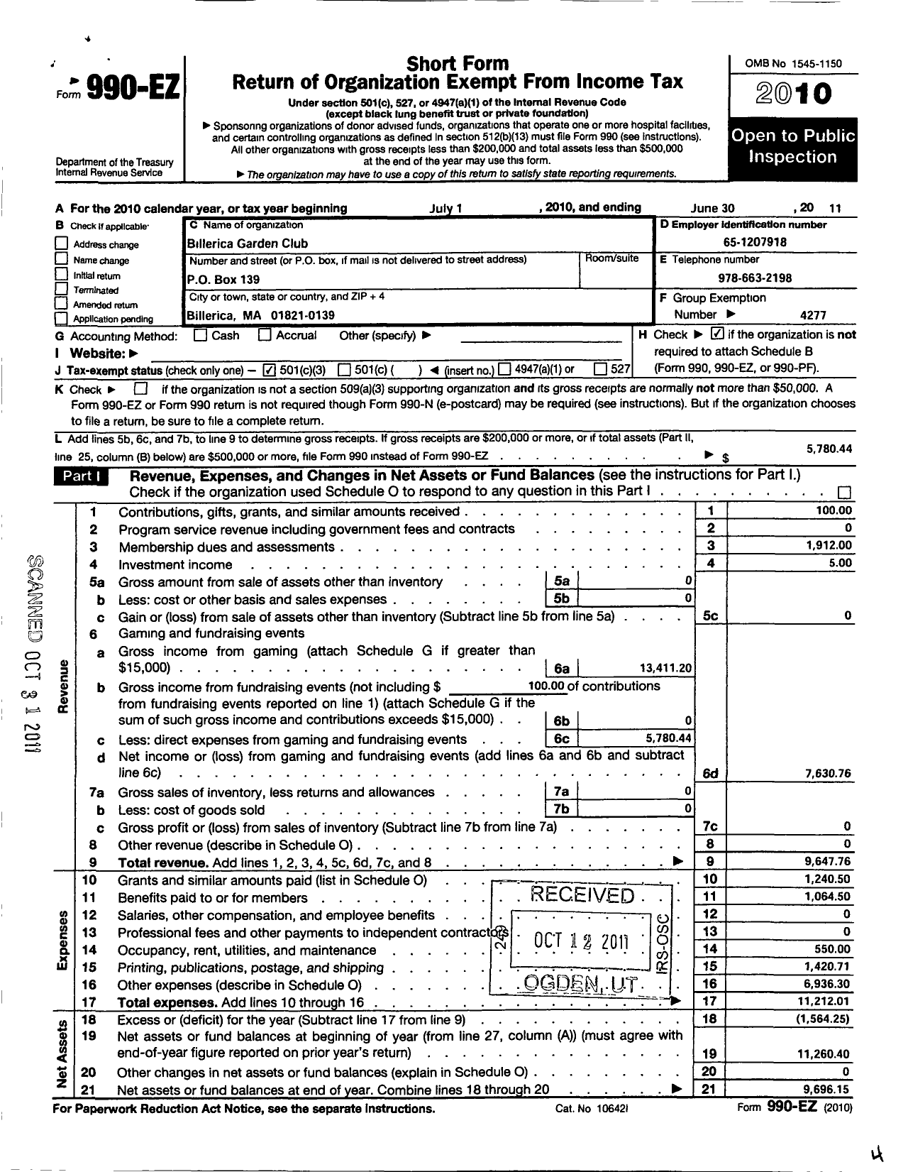 Image of first page of 2010 Form 990EZ for Garden Club Federation of Massachusetts / Billerica Garden Club