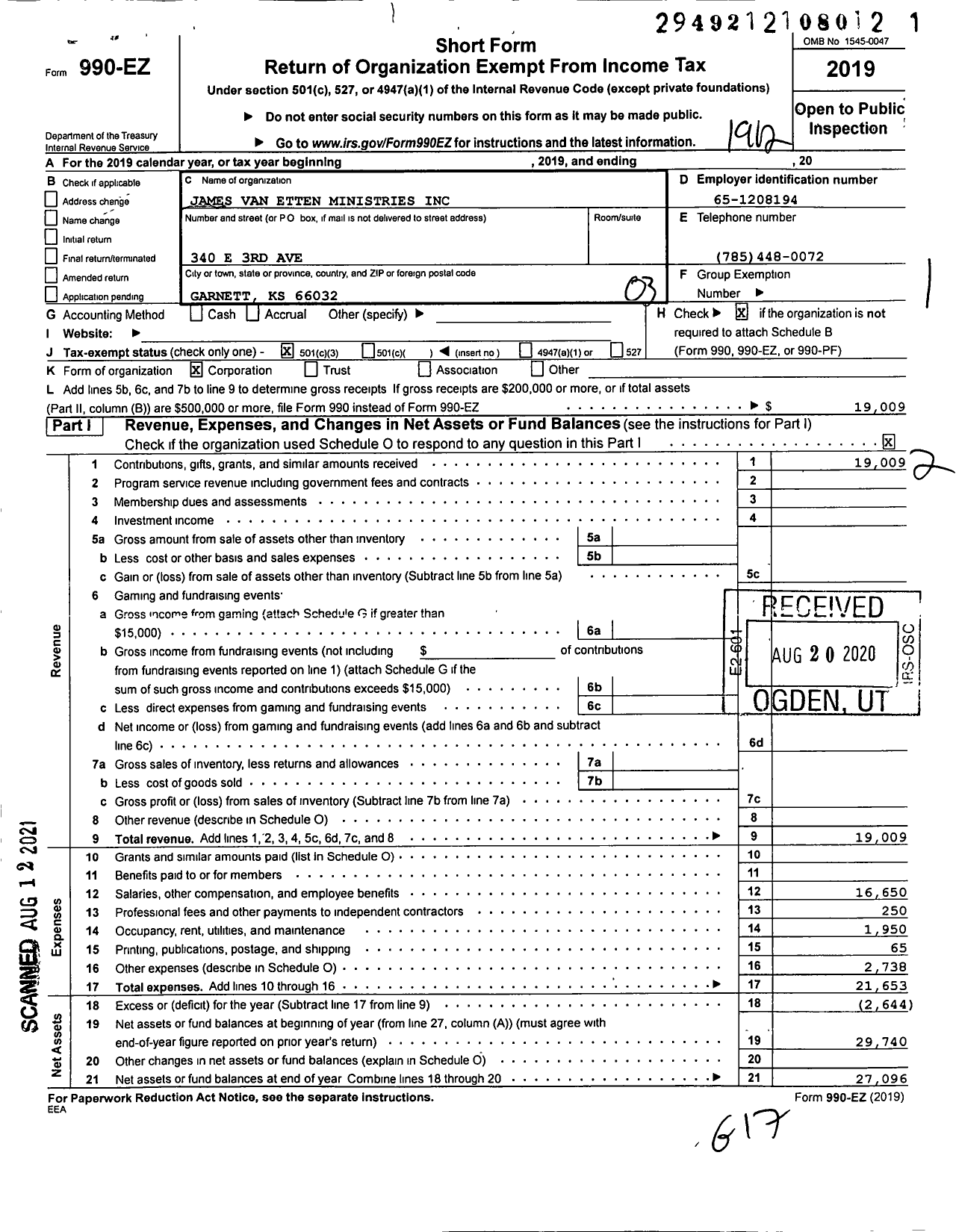 Image of first page of 2019 Form 990EZ for James Van Etten Ministries