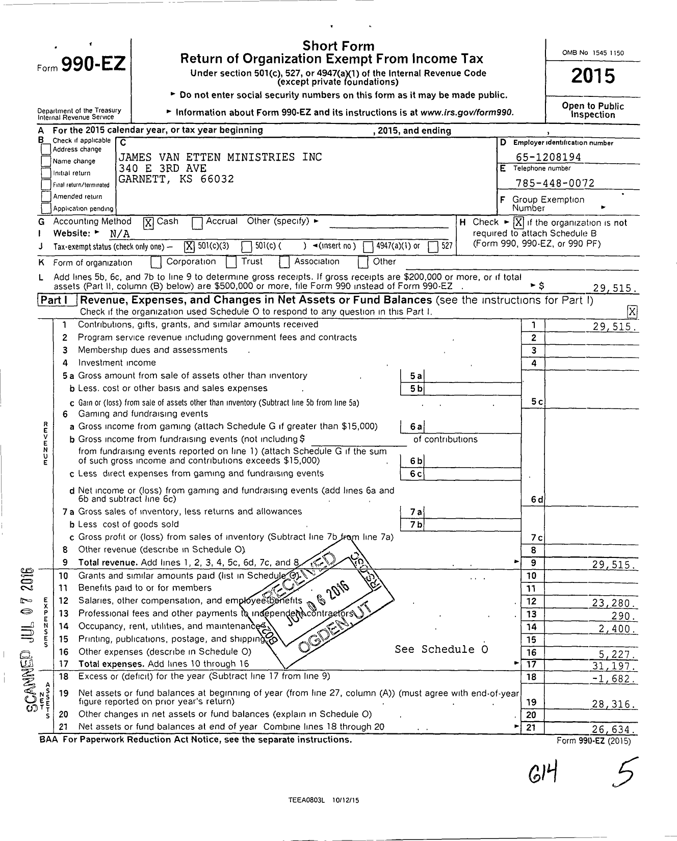 Image of first page of 2015 Form 990EZ for James Van Etten Ministries