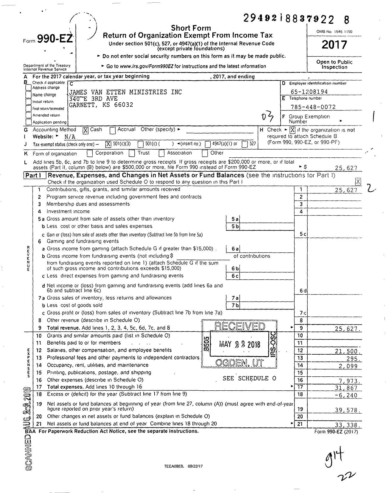 Image of first page of 2017 Form 990EZ for James Van Etten Ministries