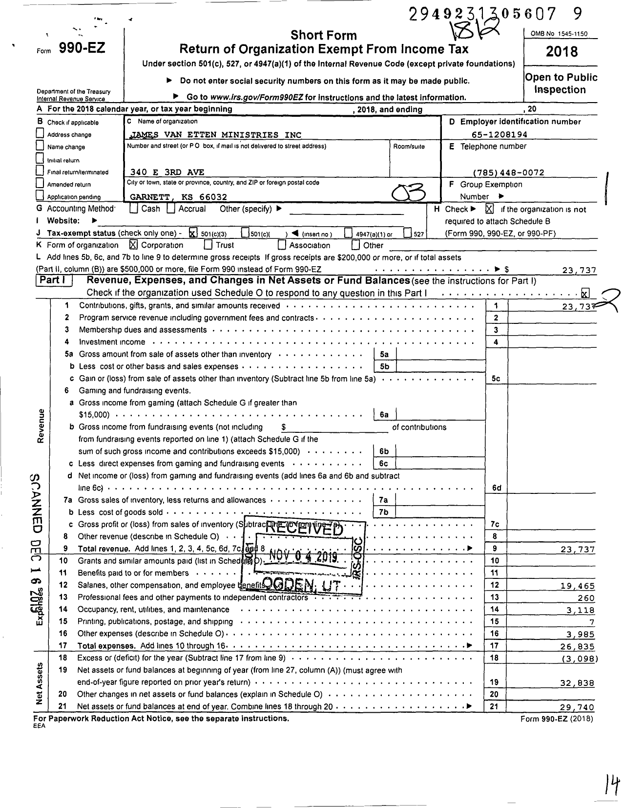 Image of first page of 2018 Form 990EZ for James Van Etten Ministries