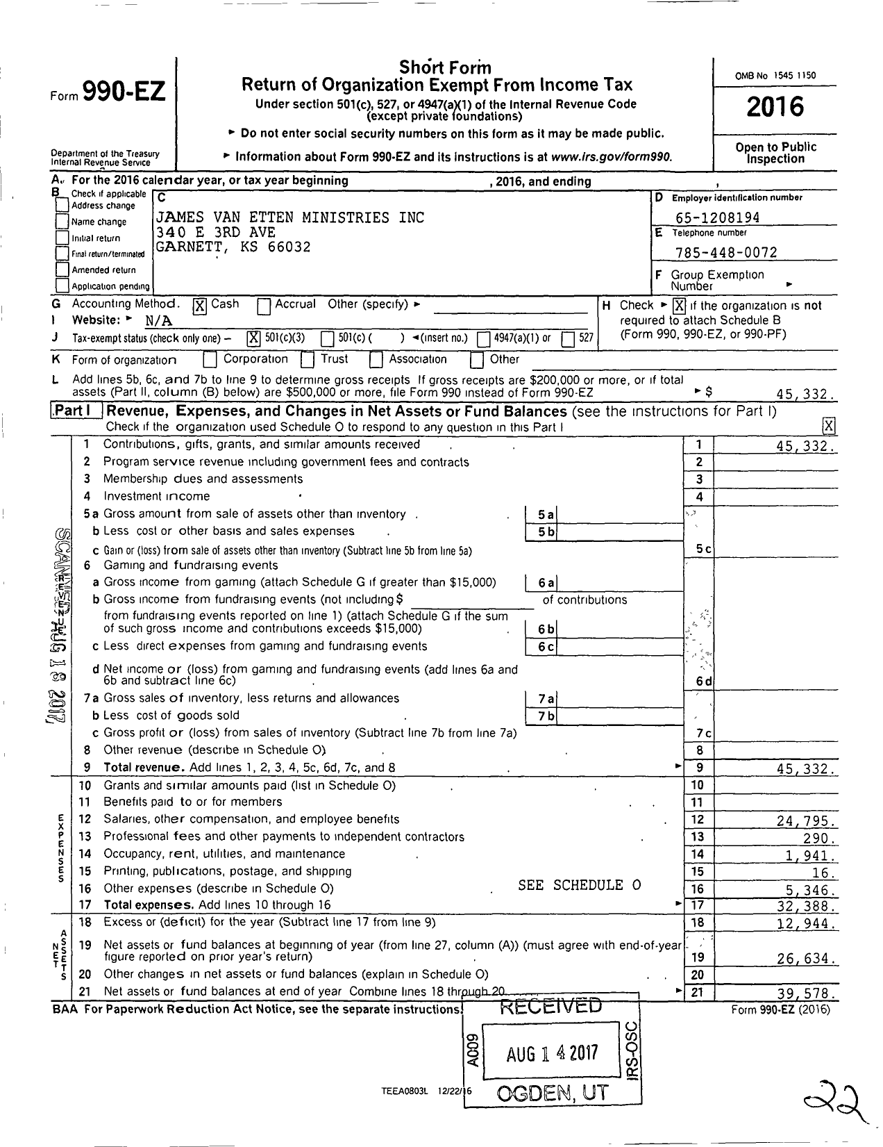 Image of first page of 2016 Form 990EZ for James Van Etten Ministries