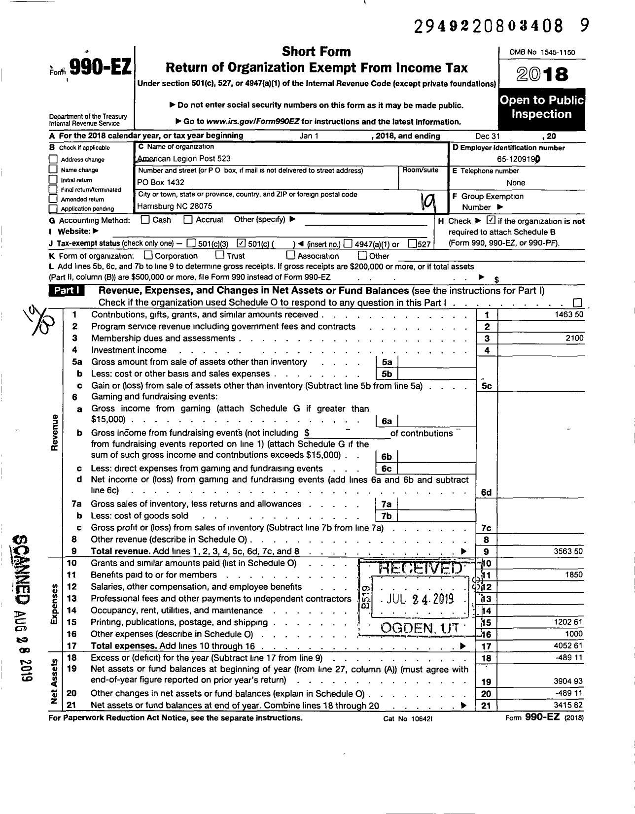 Image of first page of 2018 Form 990EO for American Legion - 523 Harrisburg