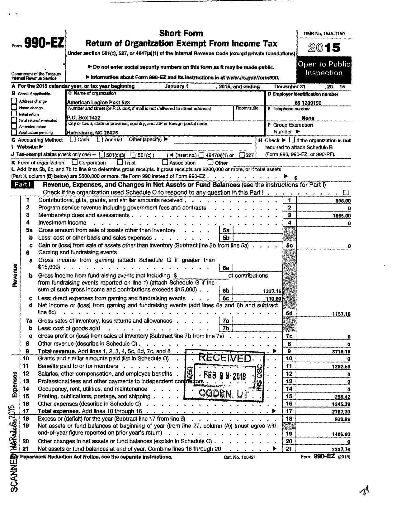 Image of first page of 2015 Form 990EO for American Legion - 523 Harrisburg