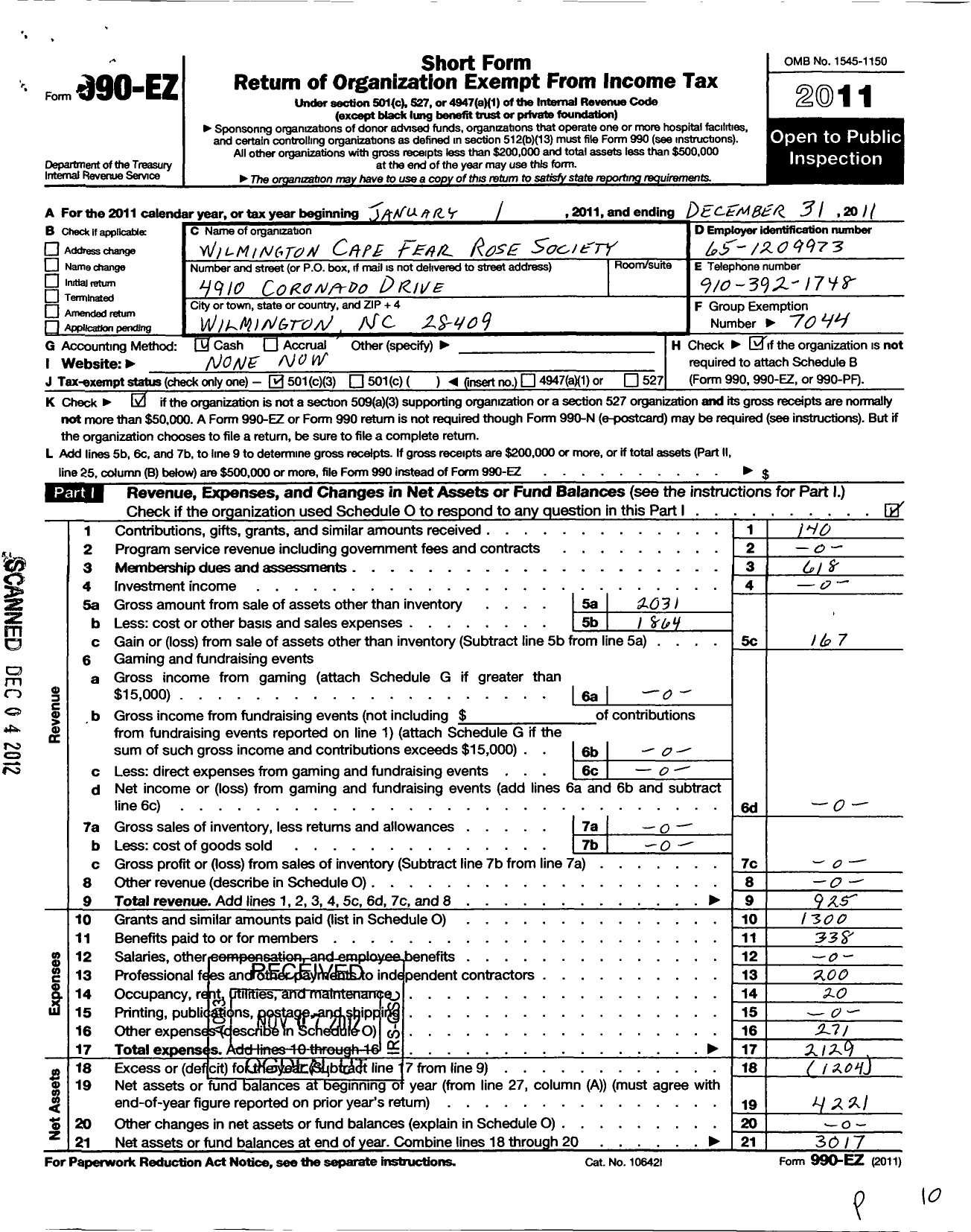 Image of first page of 2011 Form 990EZ for Wilmington Cape Fear Rose Society