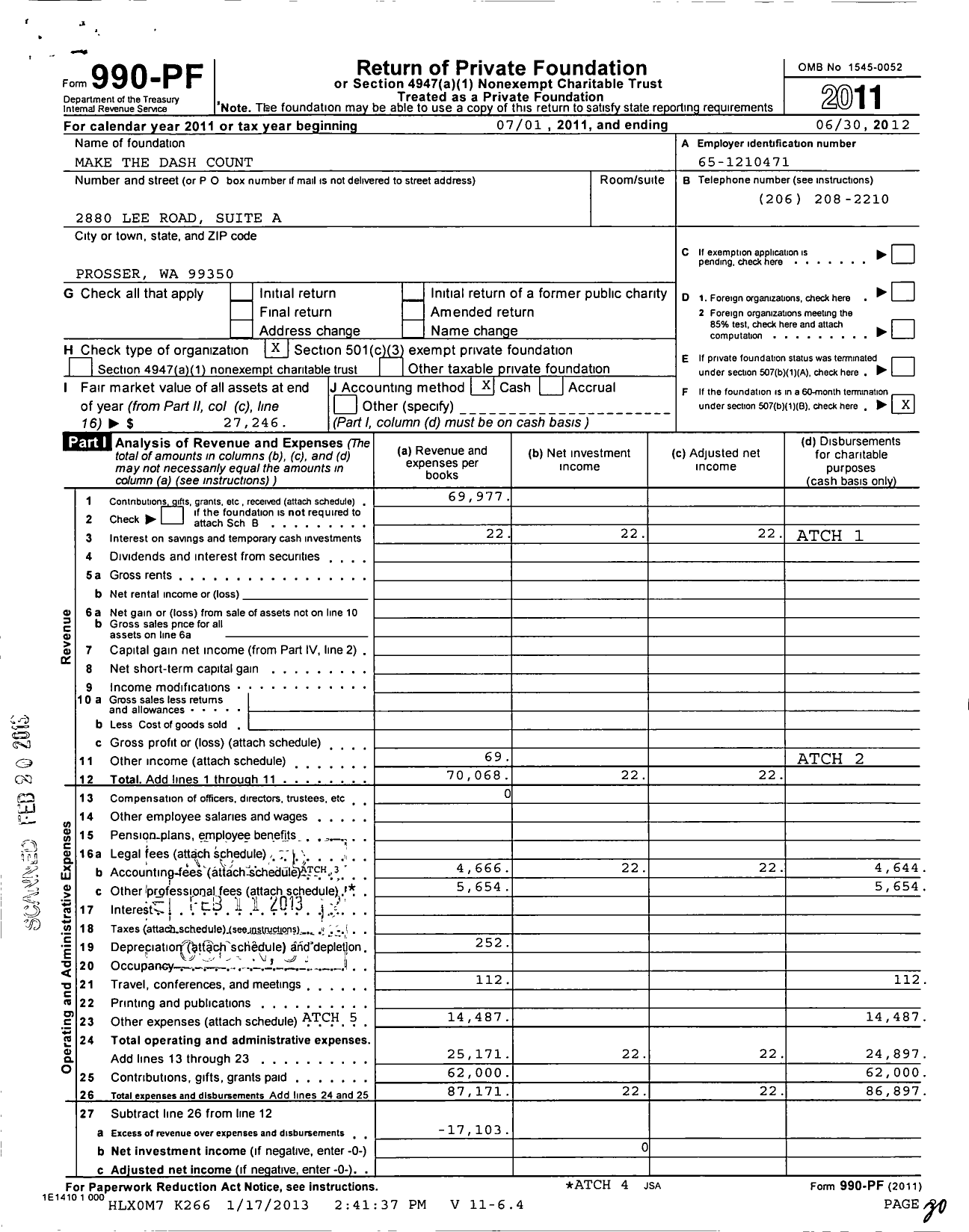 Image of first page of 2011 Form 990PF for Make the Dash Count