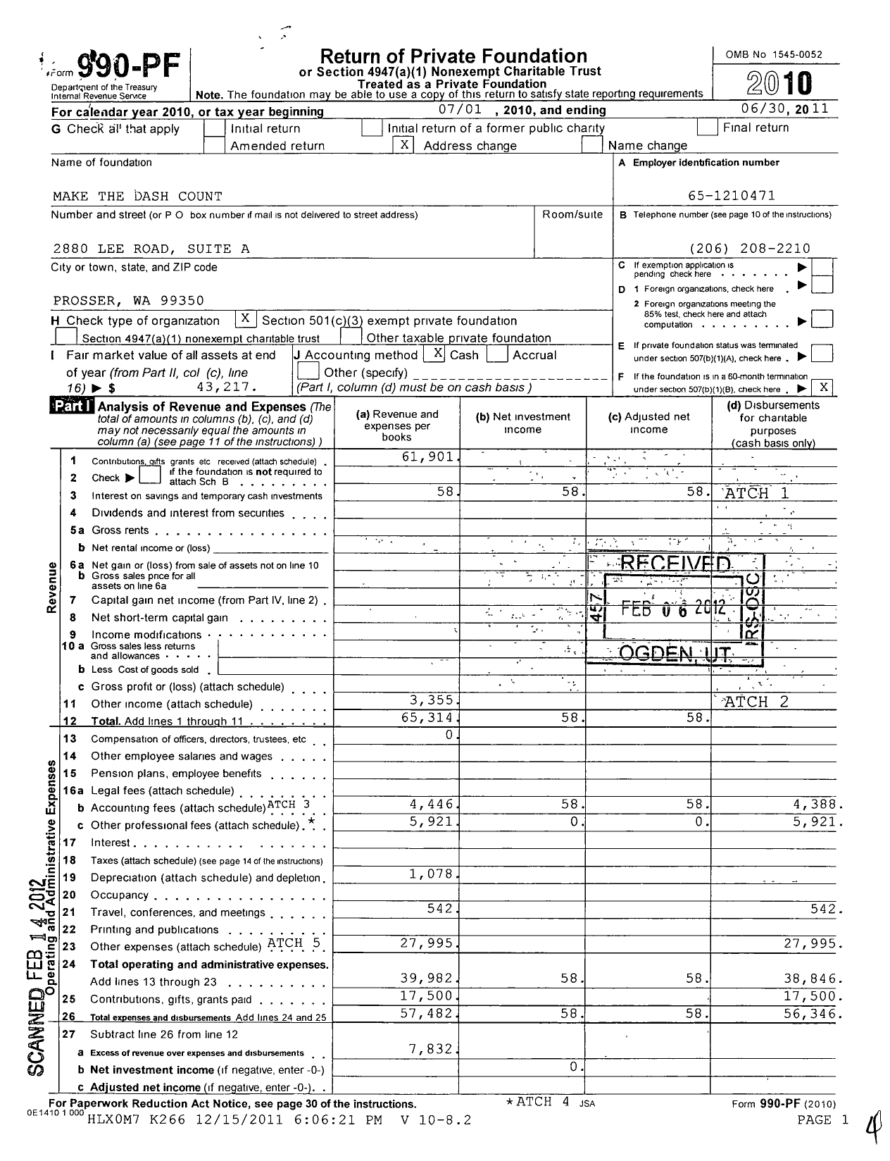 Image of first page of 2010 Form 990PF for Make the Dash Count