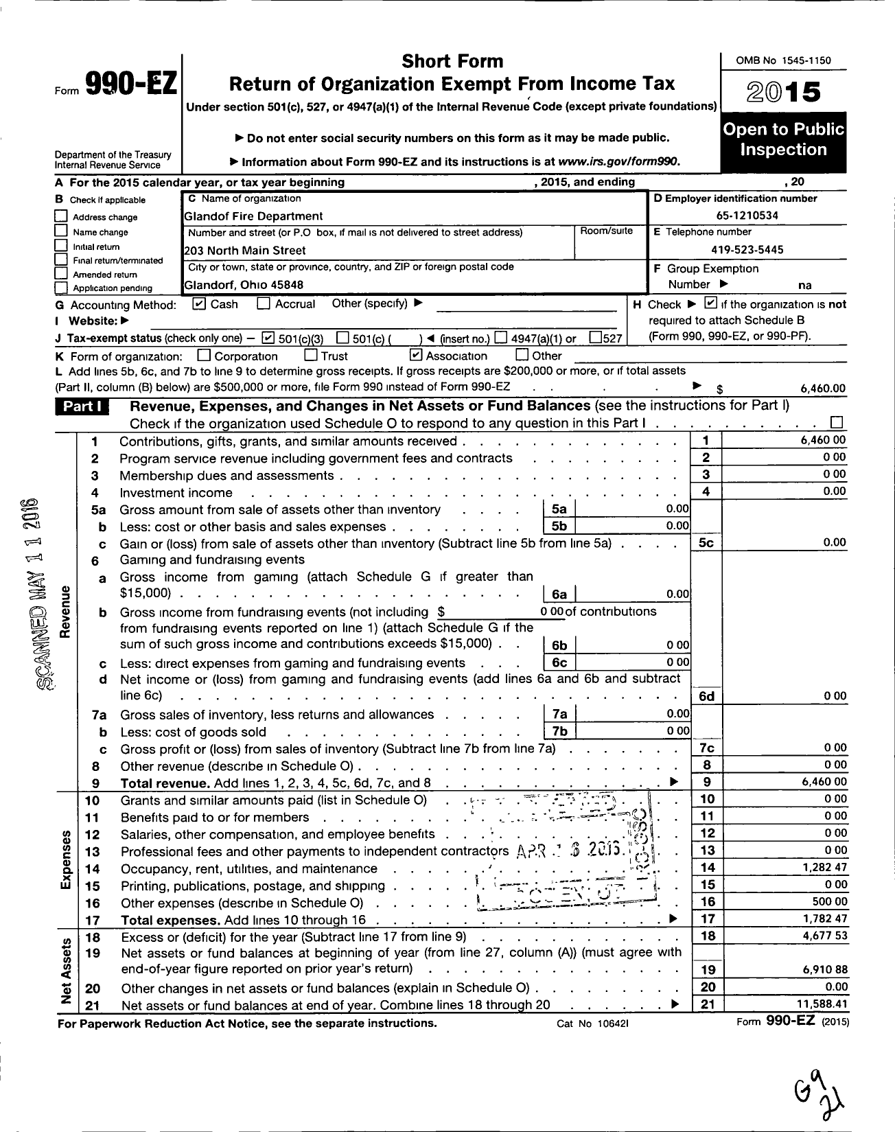 Image of first page of 2015 Form 990EZ for Glandorf Fire Dept