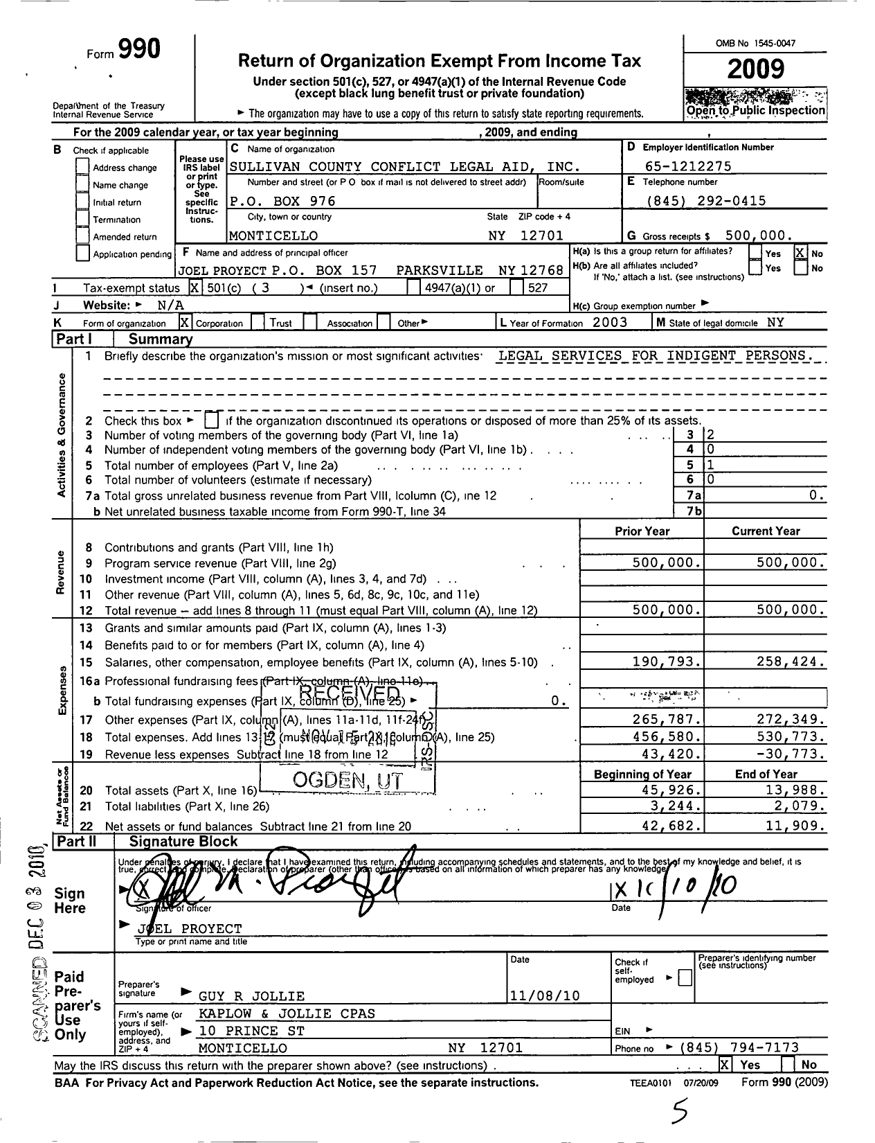 Image of first page of 2009 Form 990 for Sullivan County Conflict Legal Aid