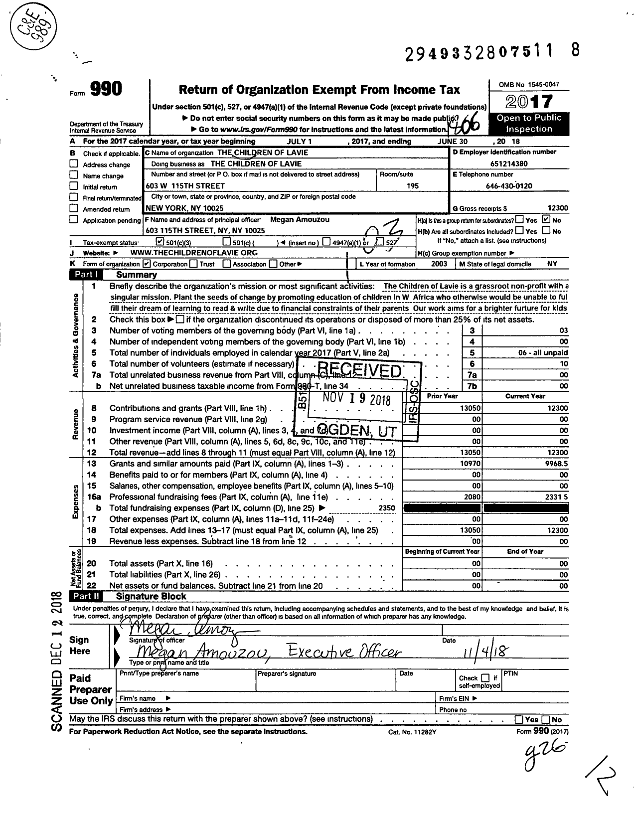 Image of first page of 2017 Form 990 for Children of Lavie