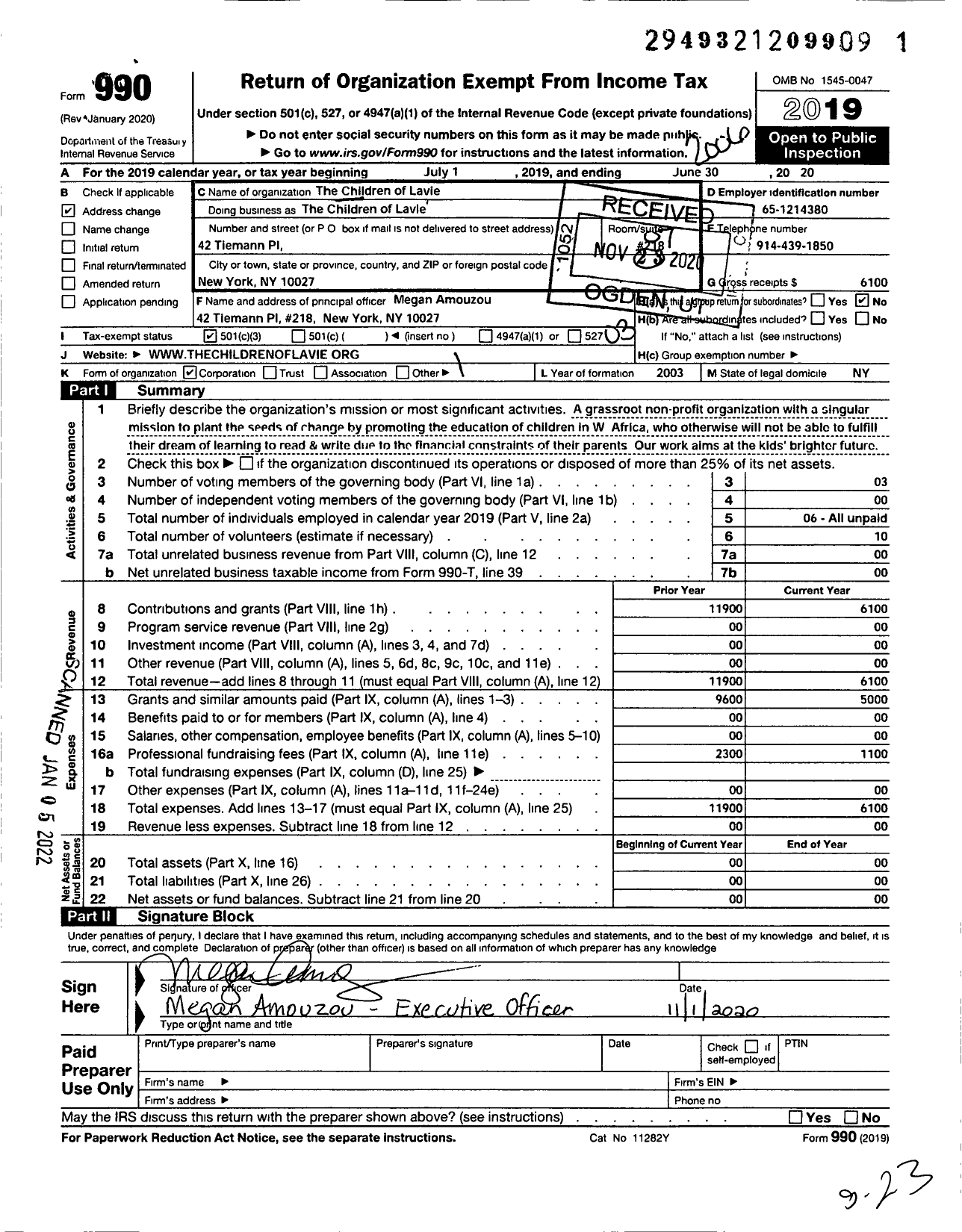 Image of first page of 2019 Form 990 for Children of Lavie