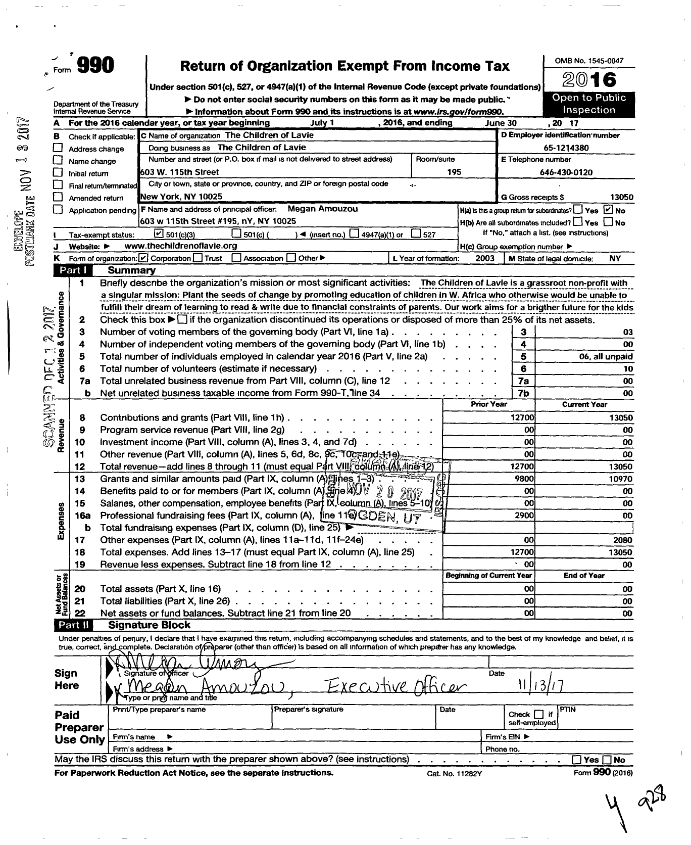 Image of first page of 2016 Form 990 for Children of Lavie