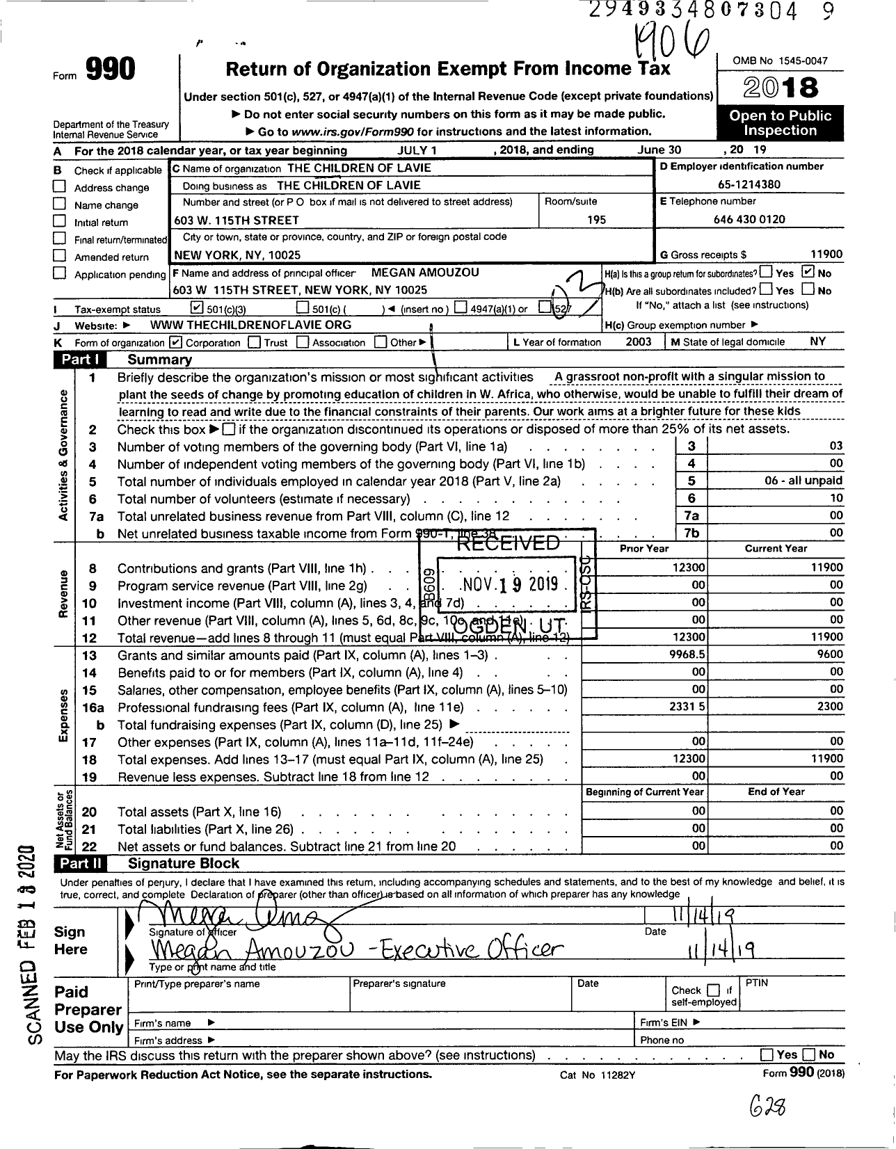 Image of first page of 2018 Form 990 for Children of Lavie