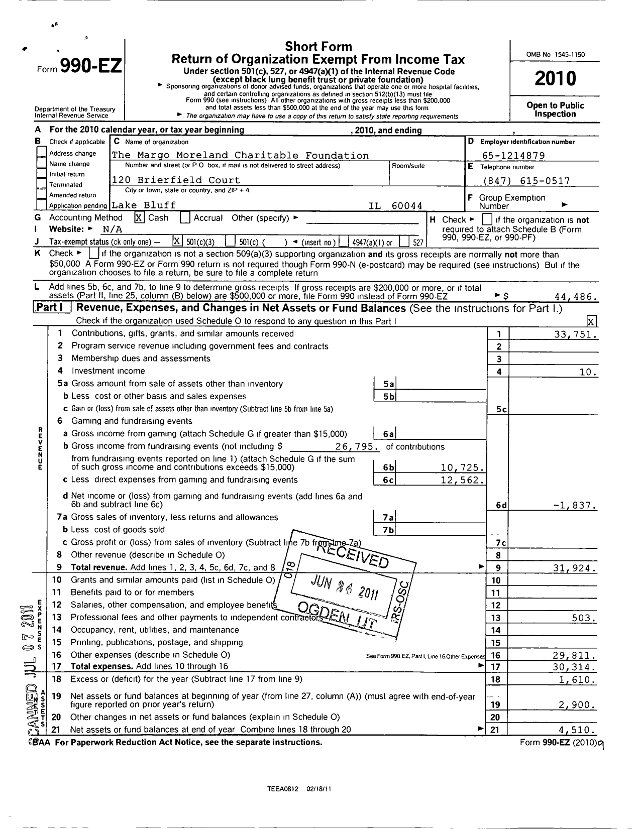 Image of first page of 2010 Form 990EZ for The Margo Moreland Charitable Foundation