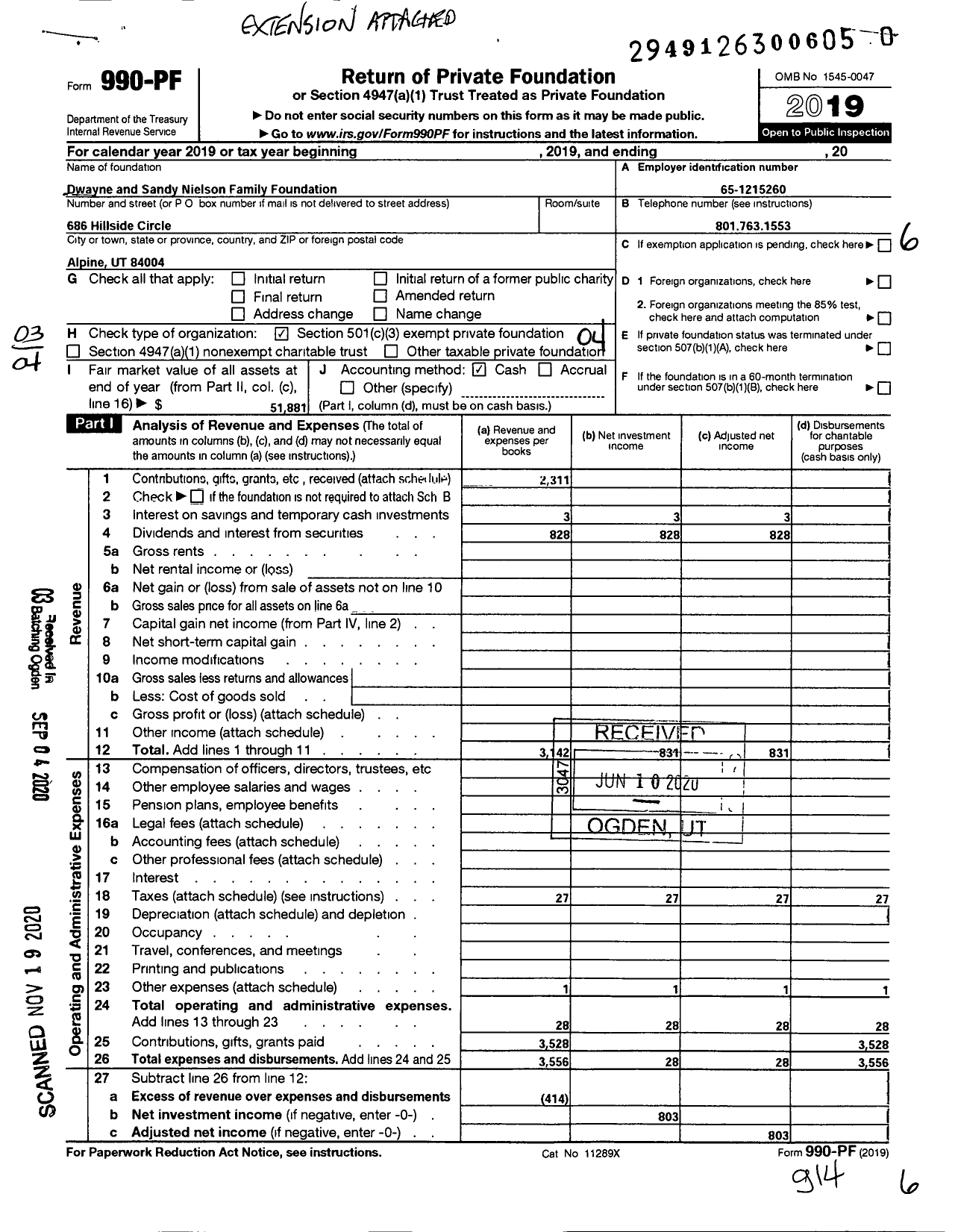 Image of first page of 2019 Form 990PF for Dwayne and Sandy Nielson Family Foundation