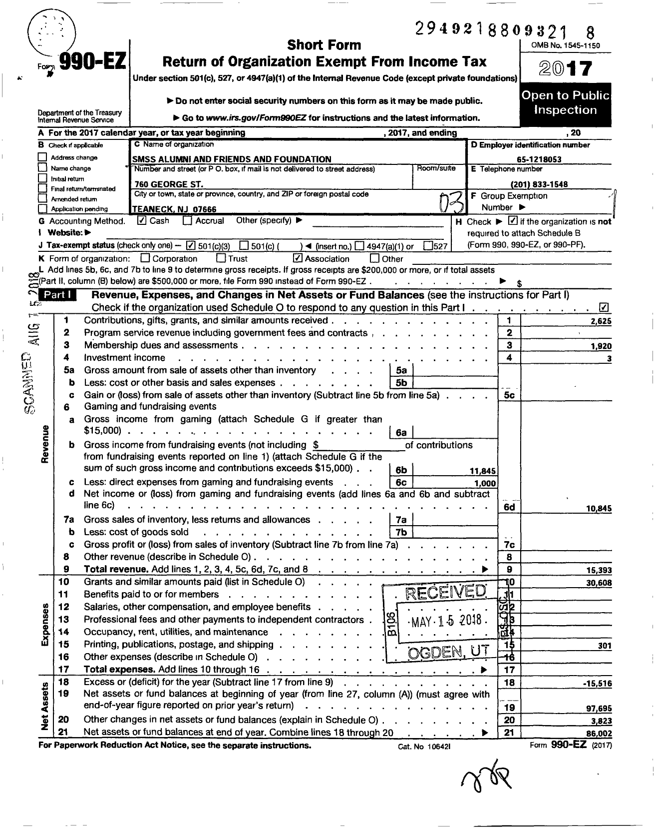 Image of first page of 2017 Form 990EZ for SMSS Alumni and Friends