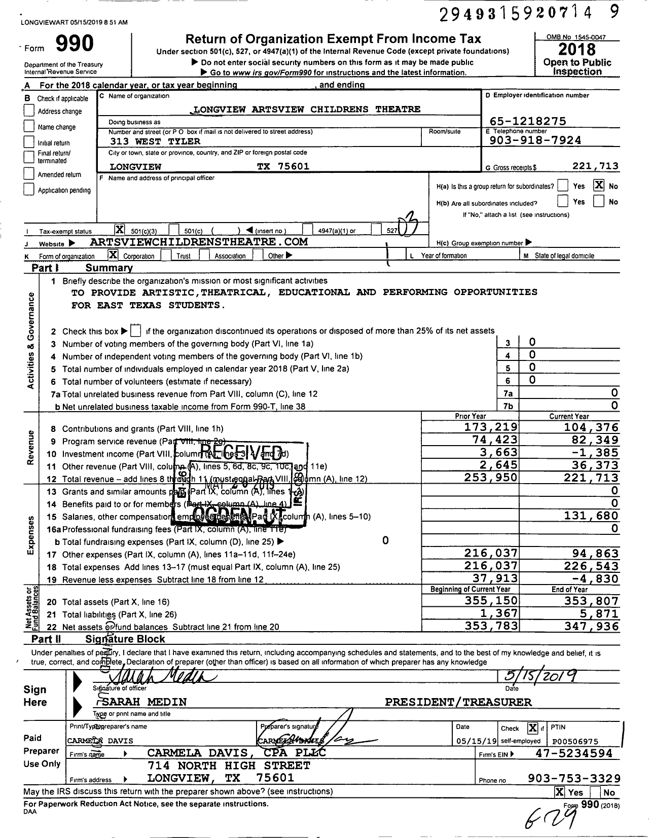 Image of first page of 2018 Form 990 for Longview Artsview Children's Theatre