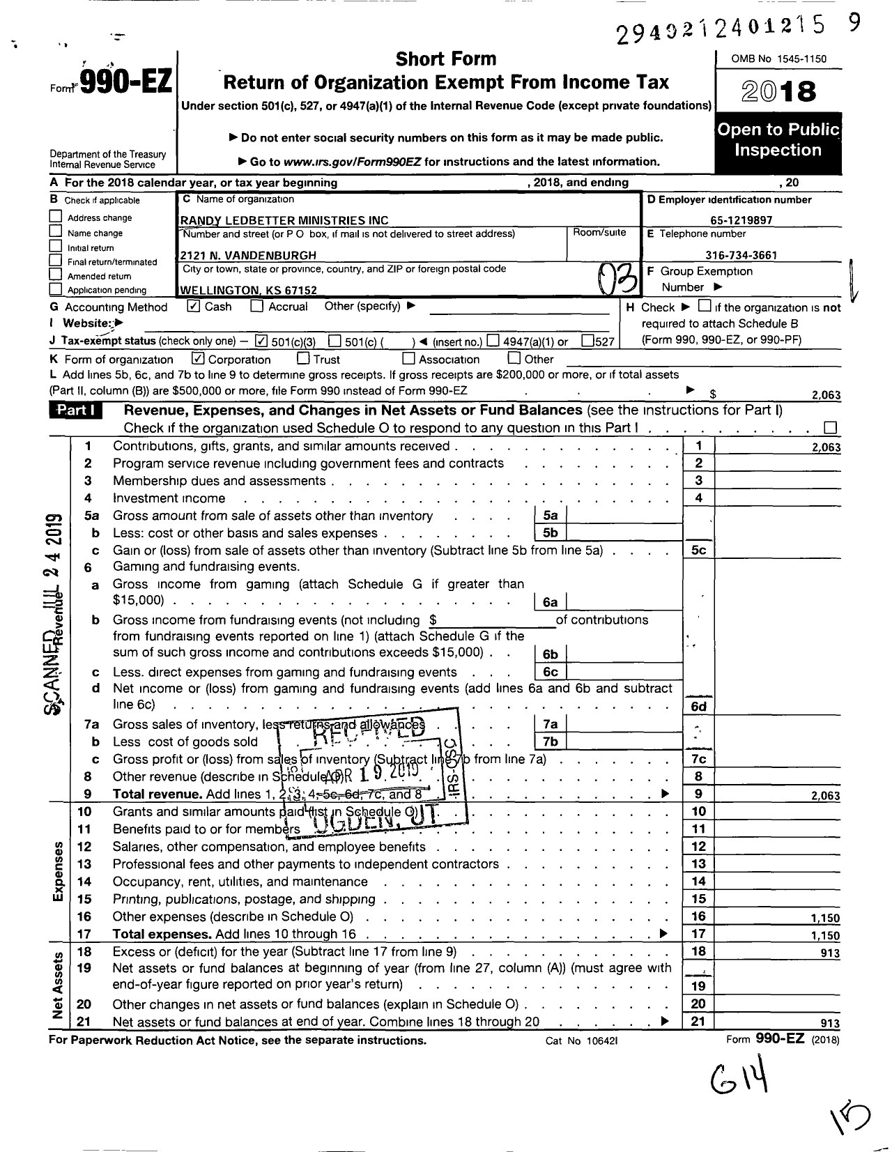 Image of first page of 2018 Form 990EZ for Randy Ledbetter Ministries