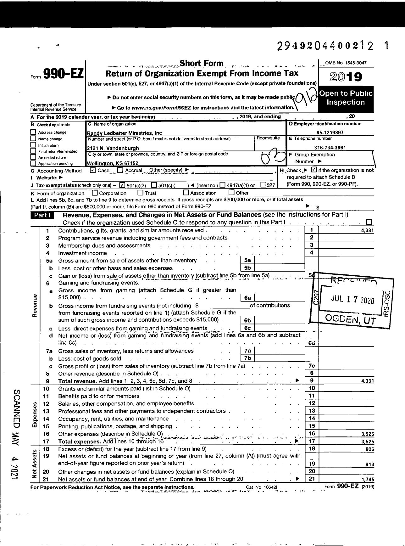 Image of first page of 2019 Form 990EZ for Randy Ledbetter Ministries