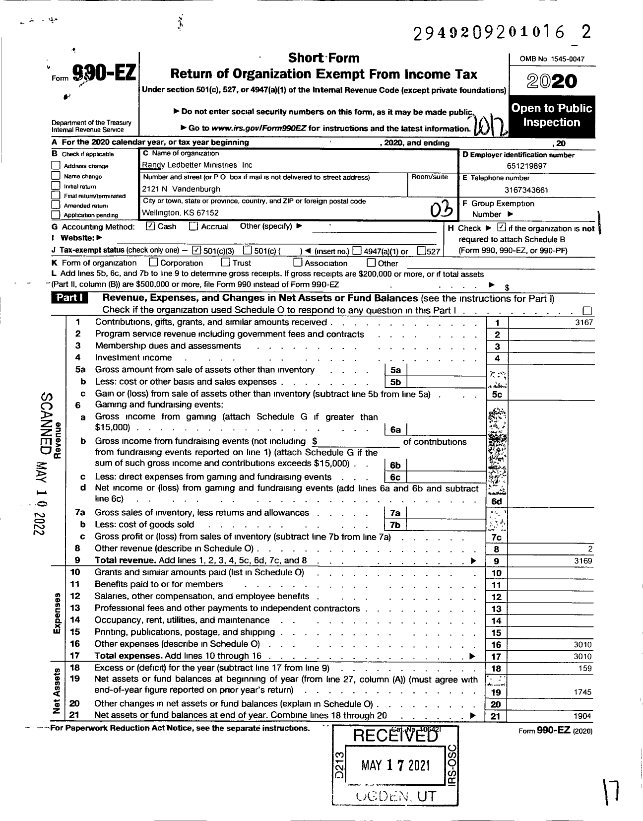 Image of first page of 2020 Form 990EZ for Randy Ledbetter Ministries