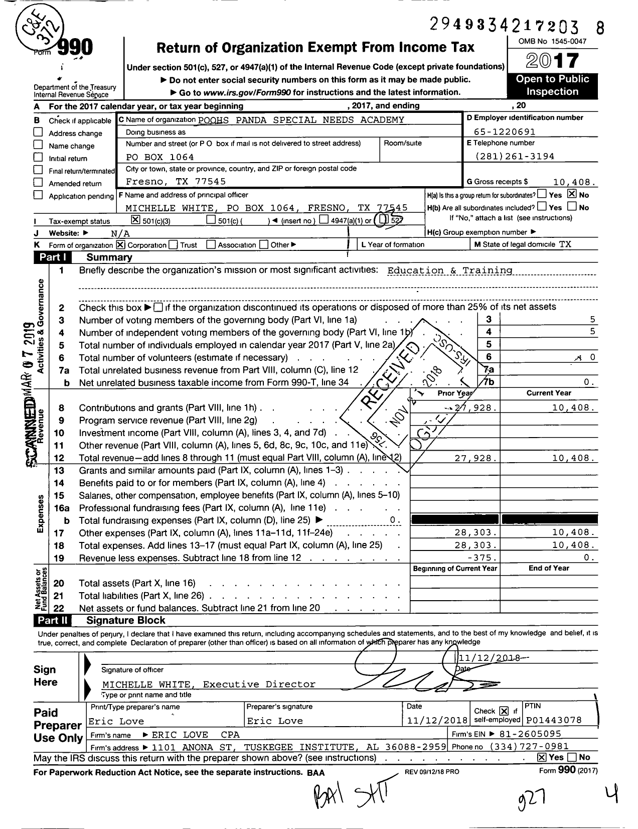 Image of first page of 2017 Form 990 for Poohs Panda Special Needs Academy