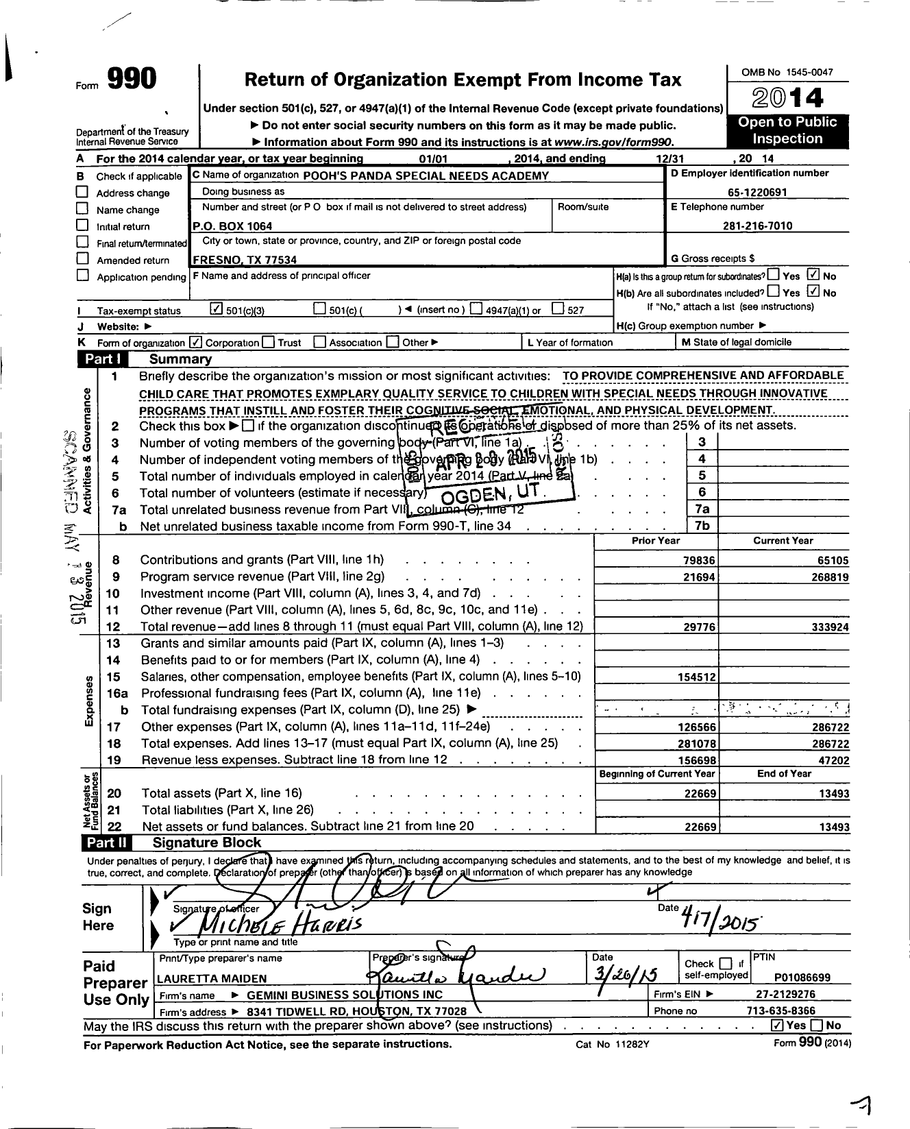 Image of first page of 2014 Form 990 for Poohs Panda Special Needs Academy