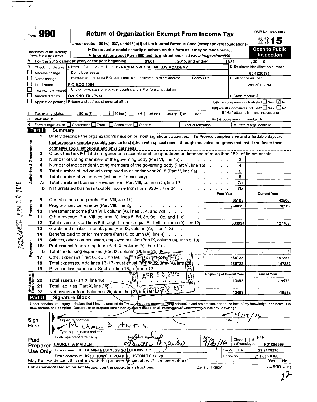 Image of first page of 2015 Form 990O for Poohs Panda Special Needs Academy