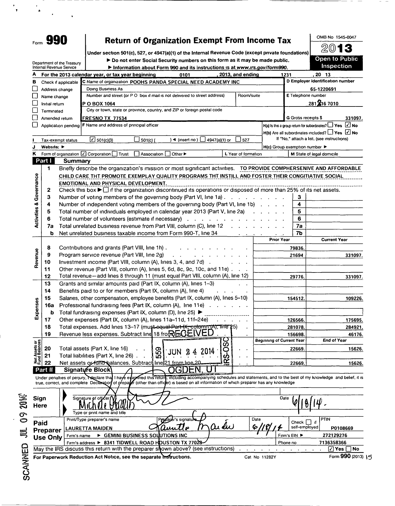 Image of first page of 2013 Form 990 for Poohs Panda Special Needs Academy