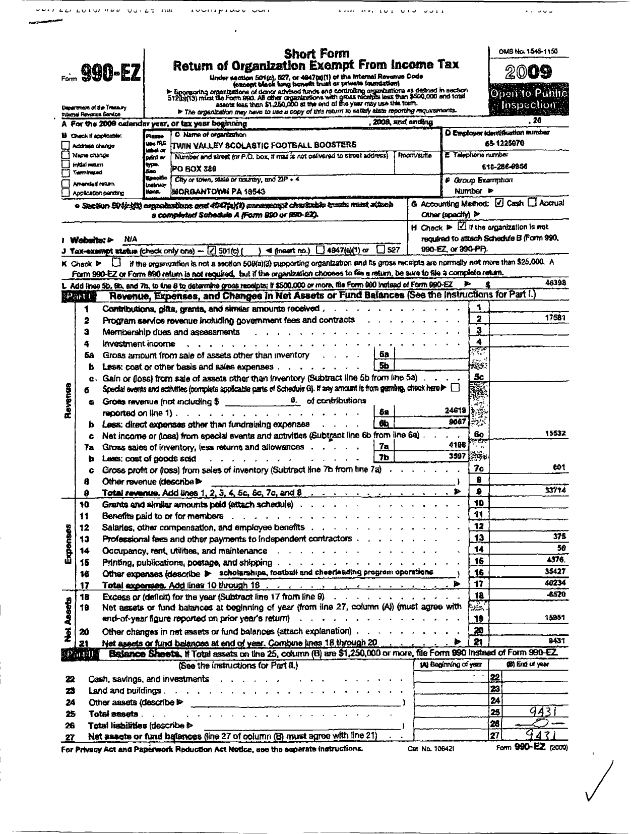 Image of first page of 2009 Form 990ER for Twin Vally Scholastic Football Boosters