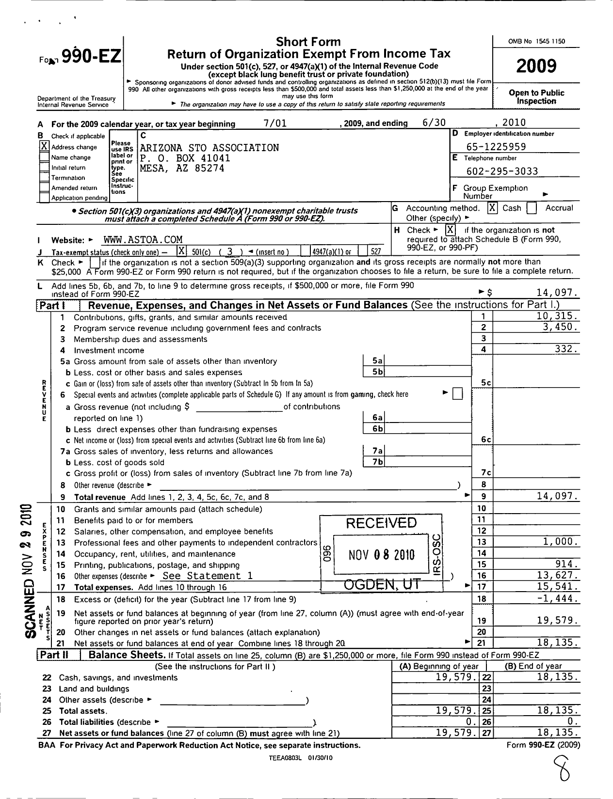 Image of first page of 2009 Form 990EZ for Arizona Sto Association