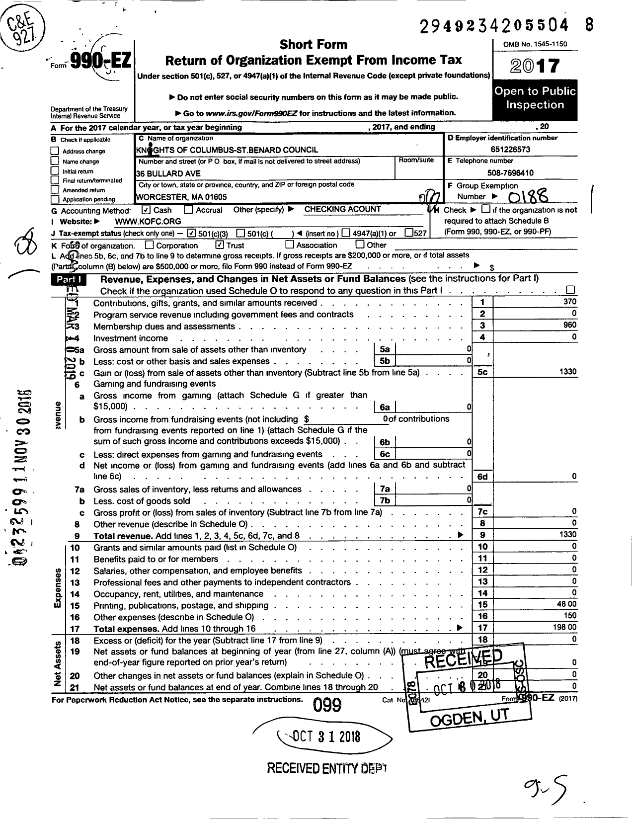 Image of first page of 2017 Form 990EO for Knights of Columbus - 13455 St Bernard Council