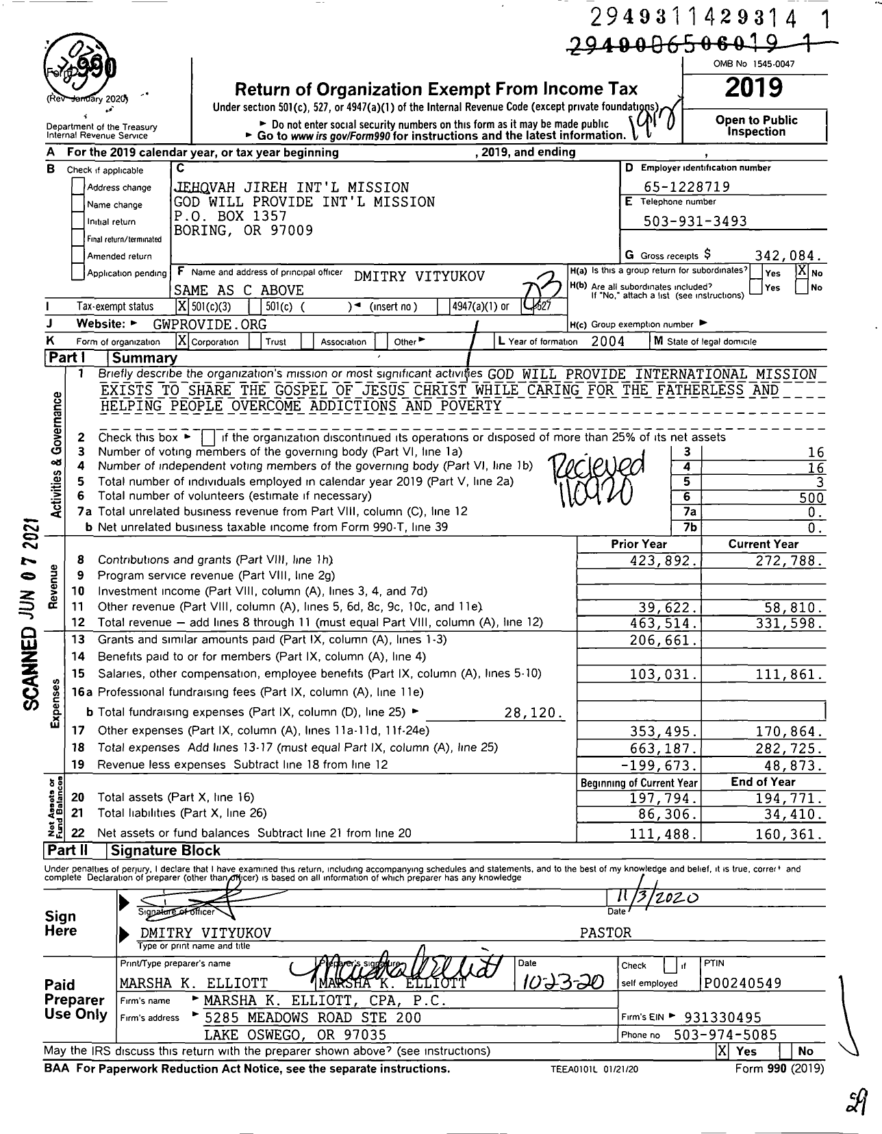 Image of first page of 2019 Form 990 for Jehovah Jireh International Mission God Will Provide International Mission