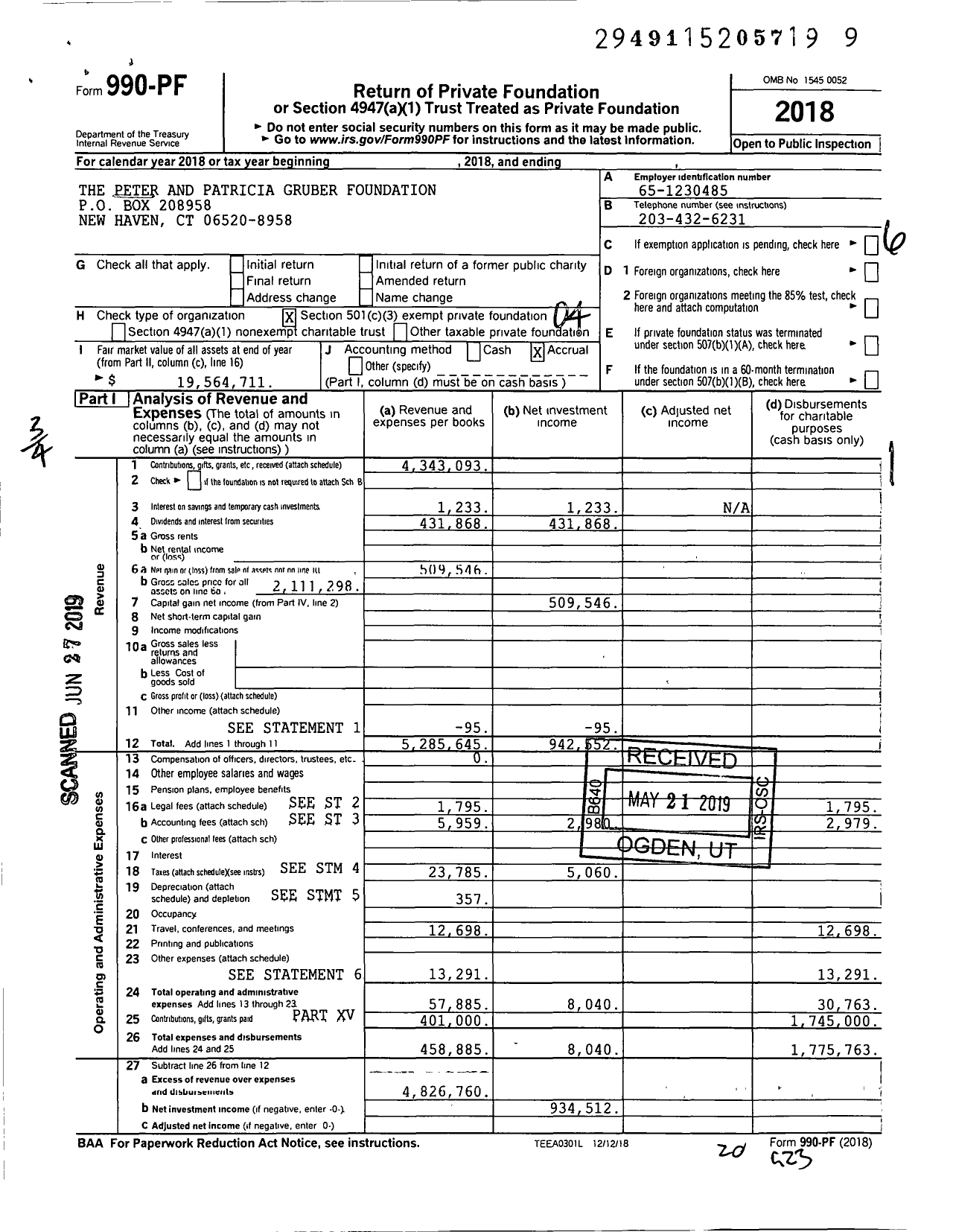 Image of first page of 2018 Form 990PF for The Peter and Patricia Gruber Foundation