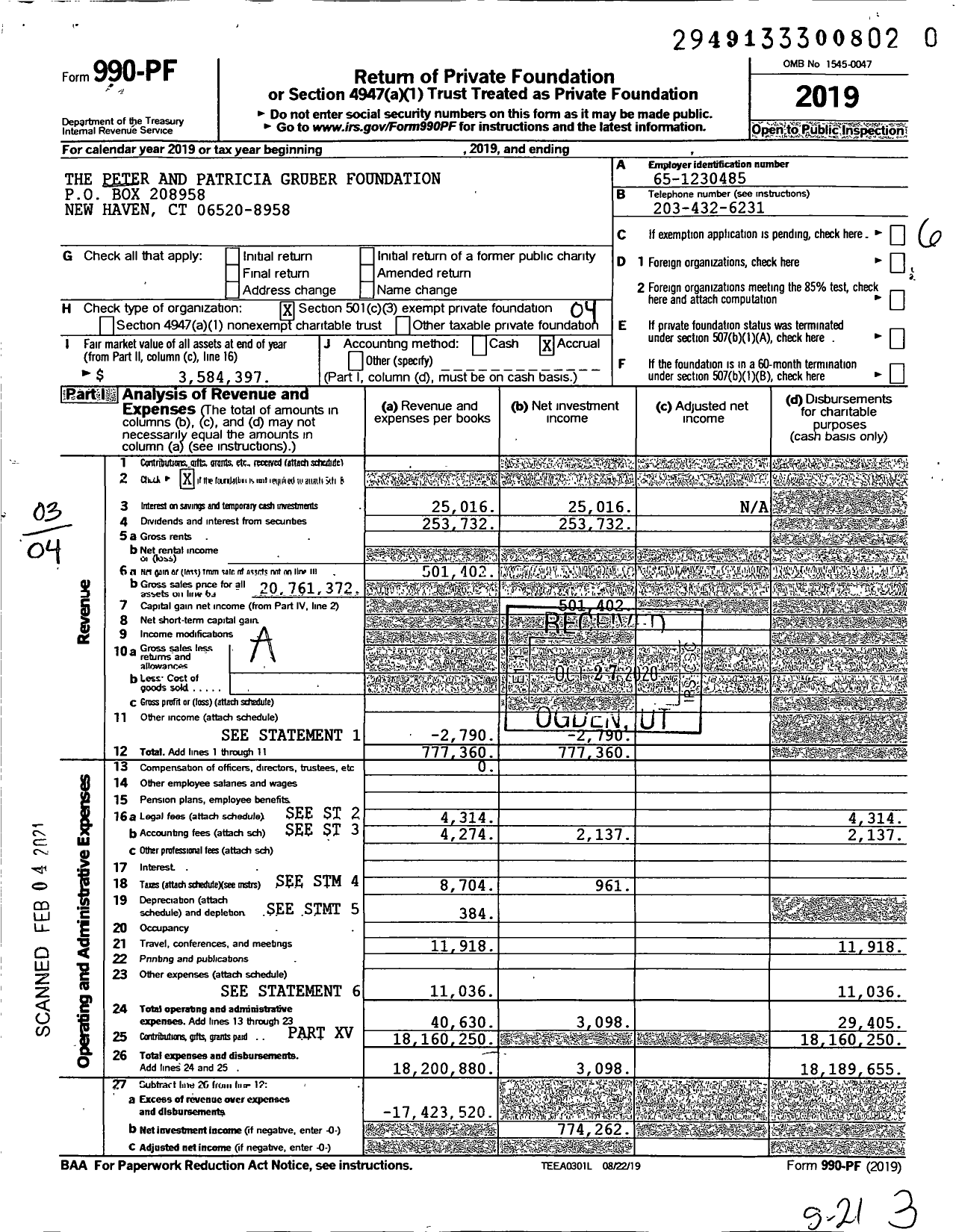 Image of first page of 2019 Form 990PF for The Peter and Patricia Gruber Foundation
